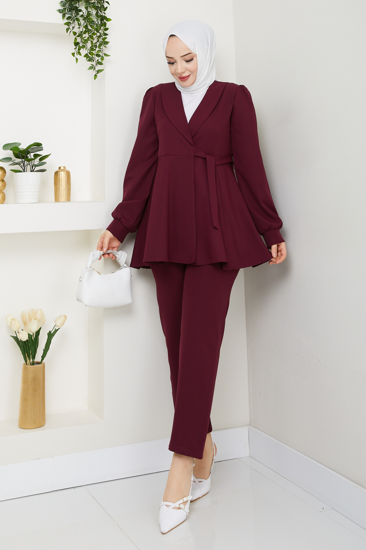 KUŞAK DETAY CEKETLİ TAKIM - BORDO