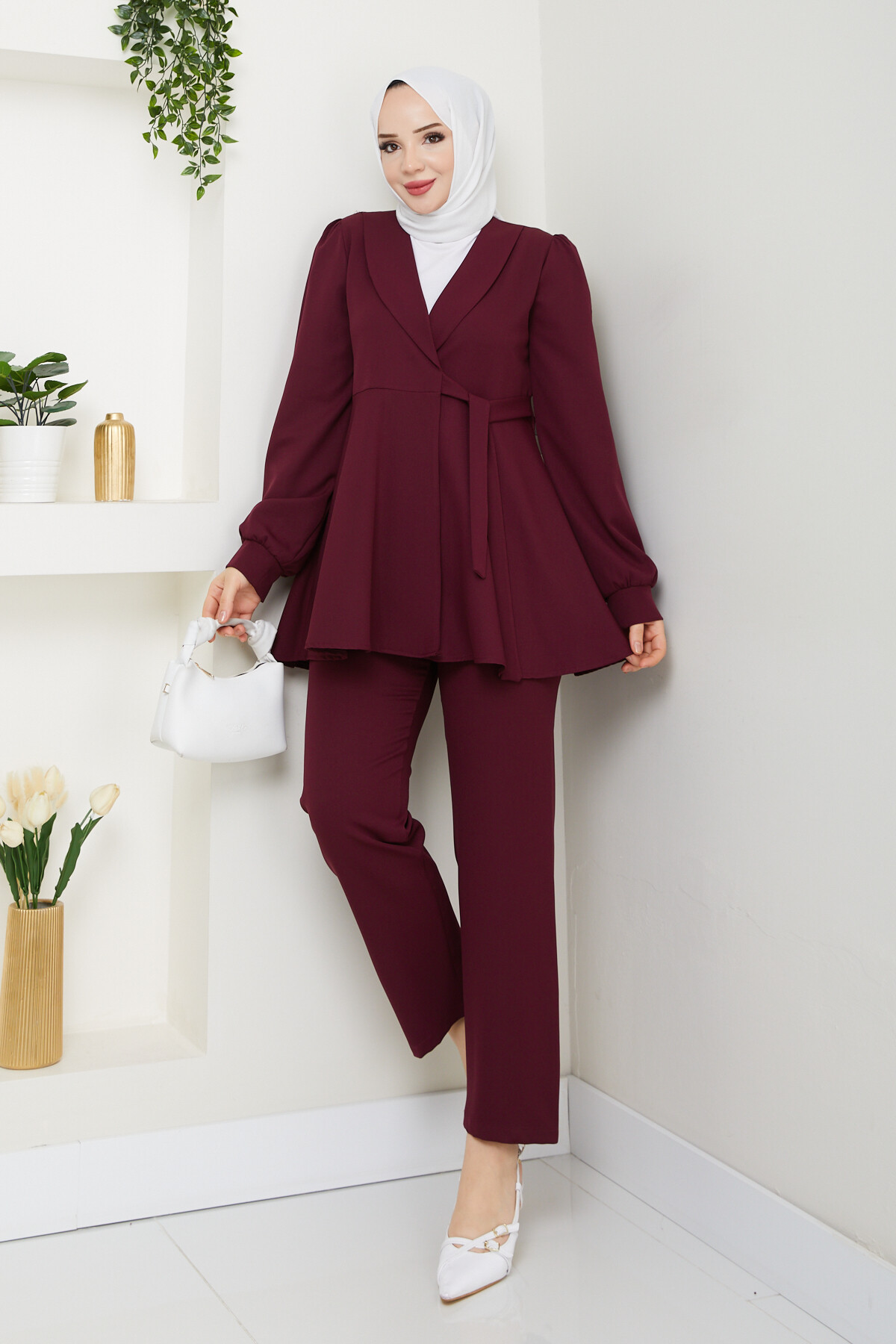 KUŞAK DETAY CEKETLİ TAKIM - BORDO
