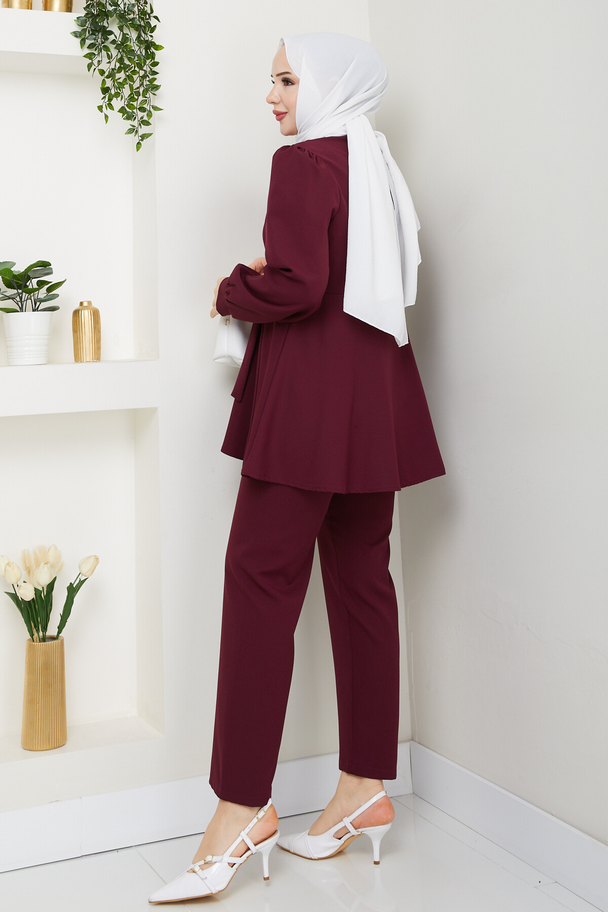 KUŞAK DETAY CEKETLİ TAKIM - BORDO