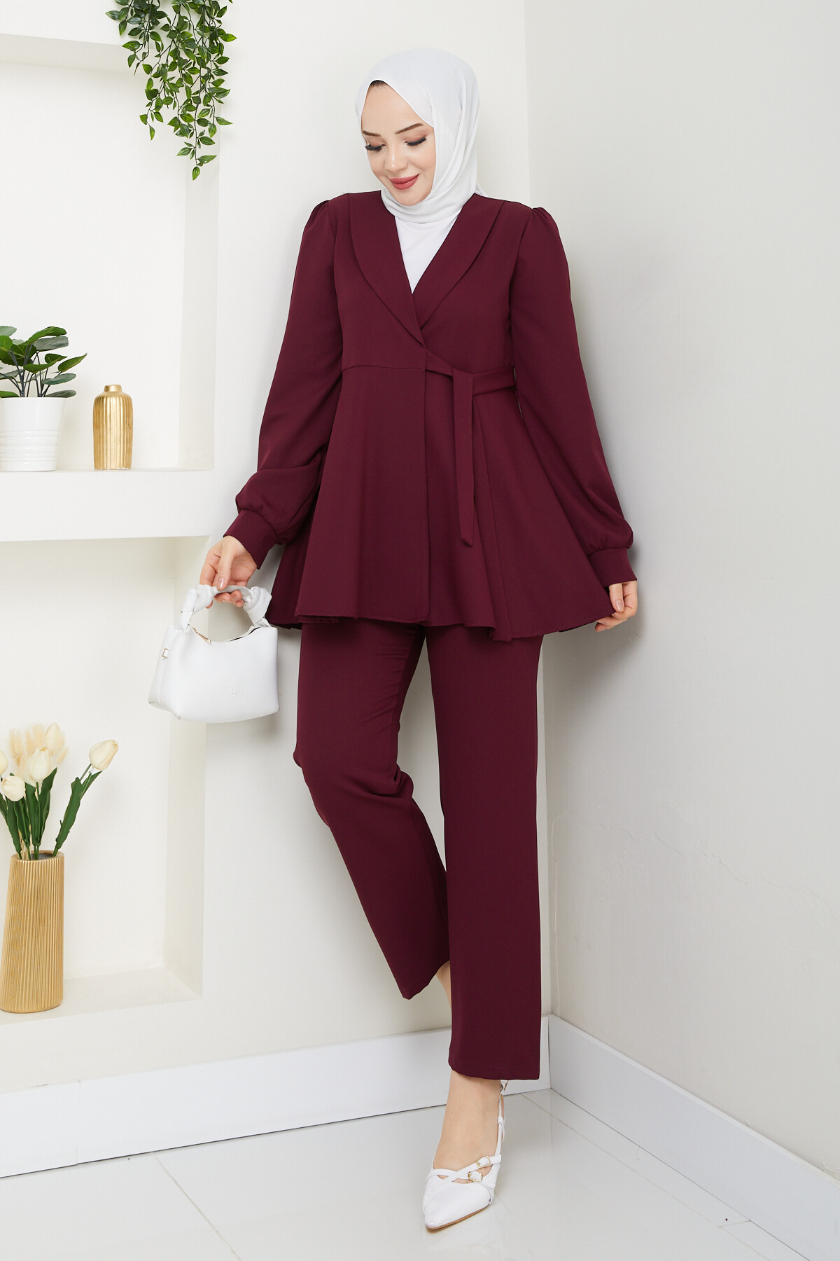 KUŞAK DETAY CEKETLİ TAKIM - BORDO