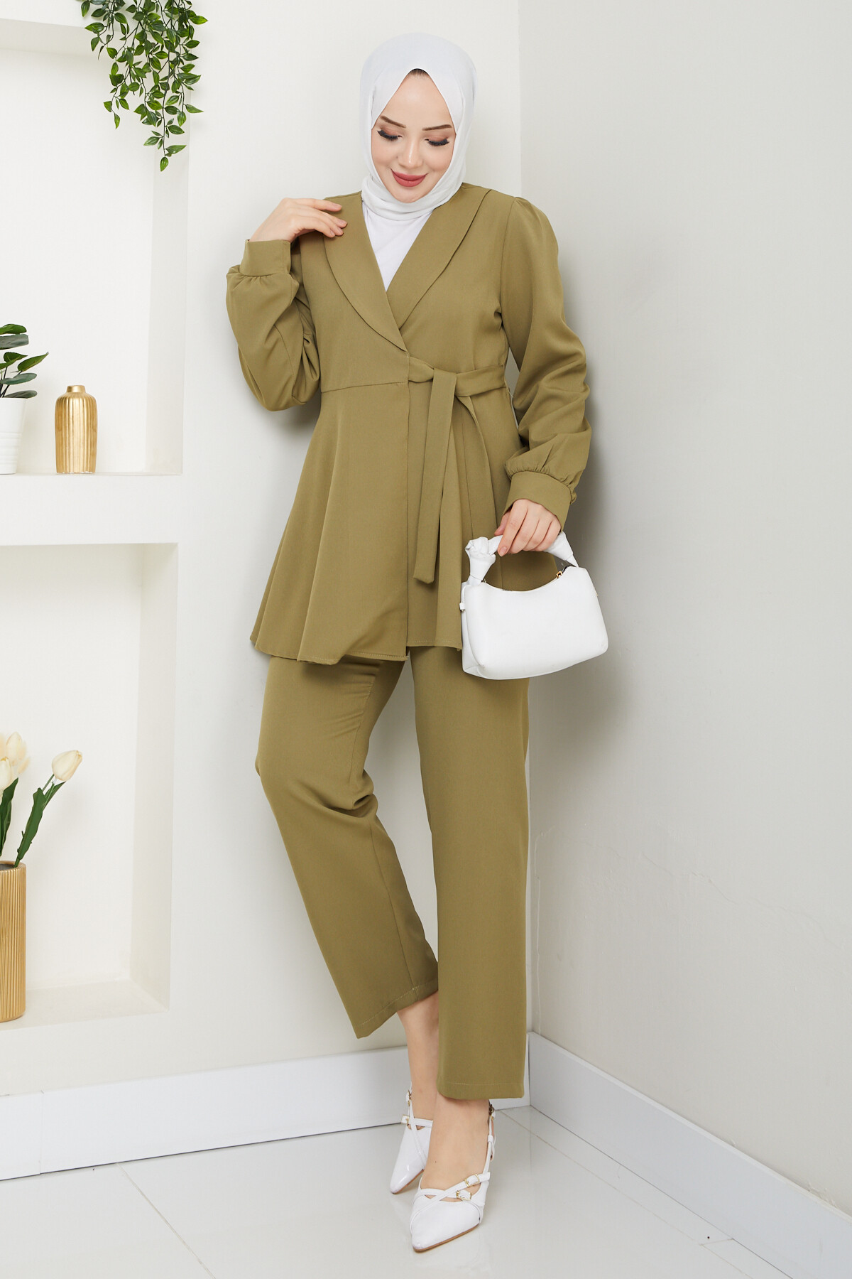 KUŞAK DETAY CEKETLİ TAKIM - HAKİ