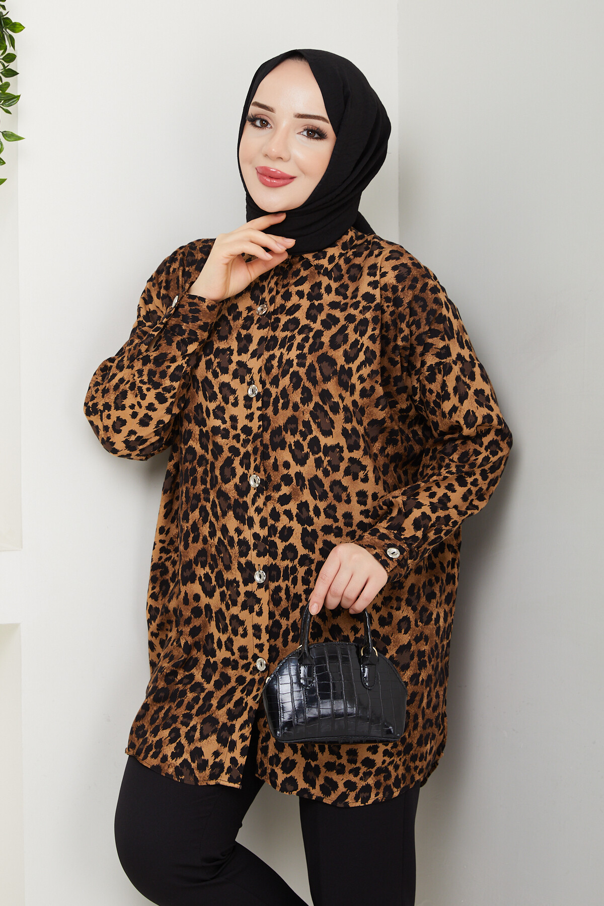 LEOPAR DESEN GÖMLEK-KAHVE