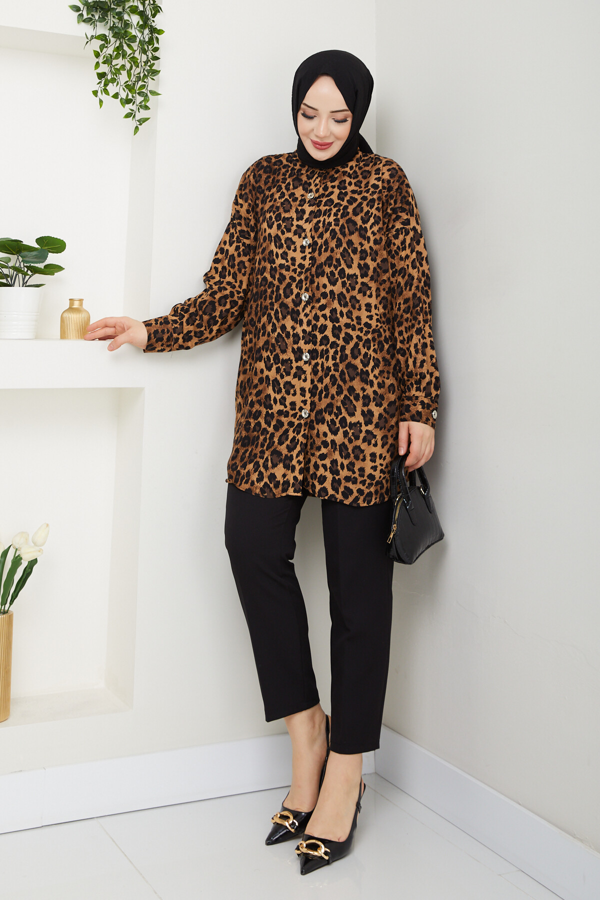 LEOPAR DESEN GÖMLEK-KAHVE