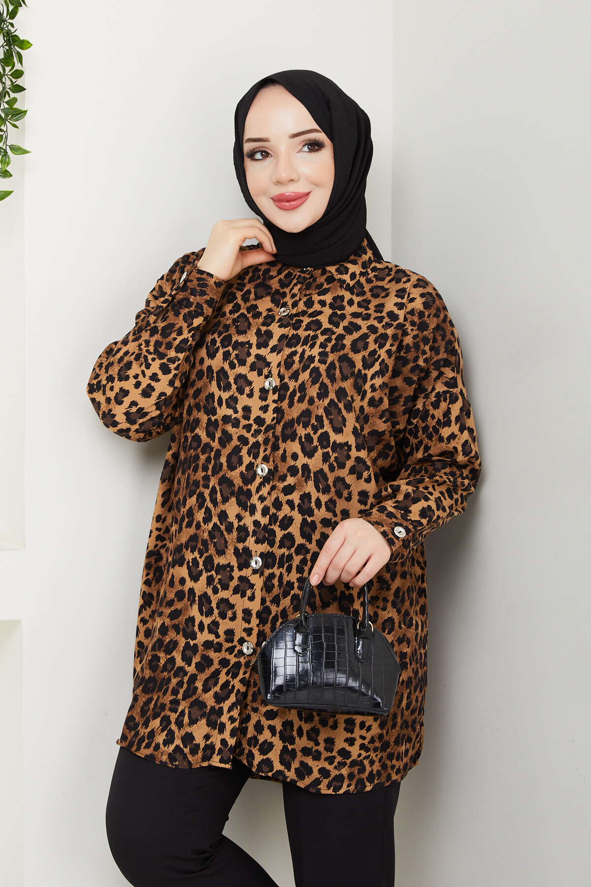 LEOPAR DESEN GÖMLEK-KAHVE