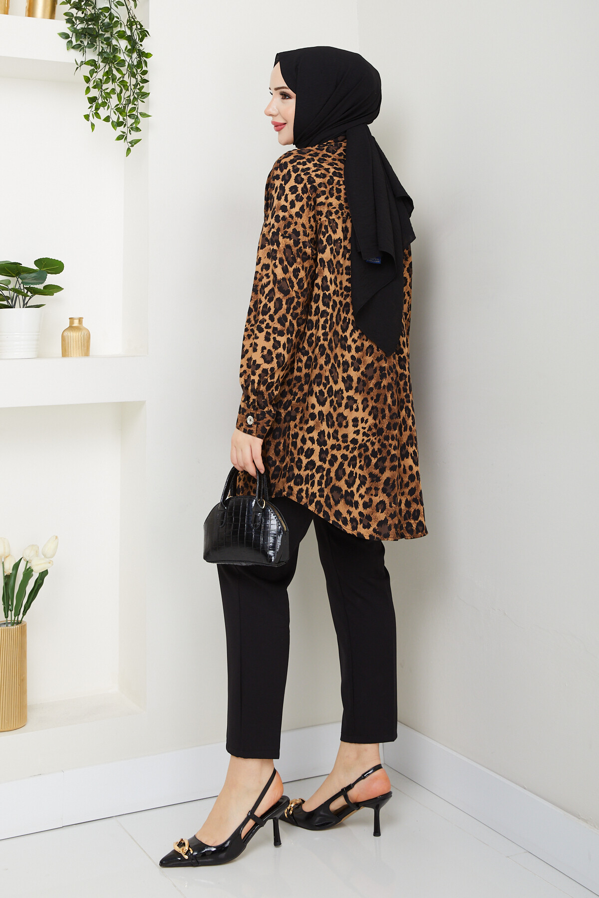 LEOPAR DESEN GÖMLEK-KAHVE