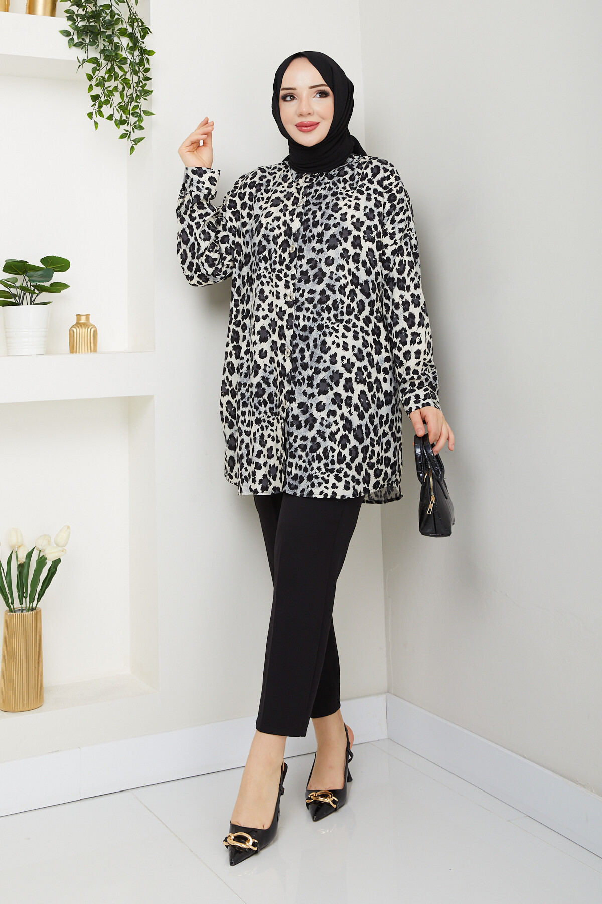 LEOPAR DESEN GÖMLEK-SİYAH