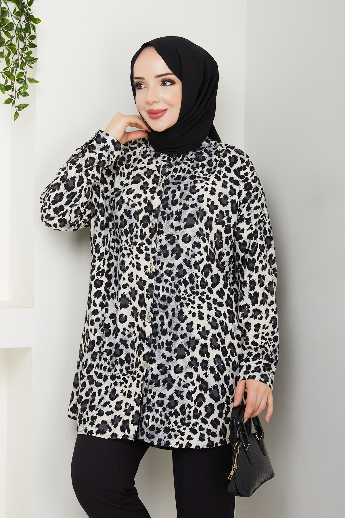 LEOPAR DESEN GÖMLEK-SİYAH