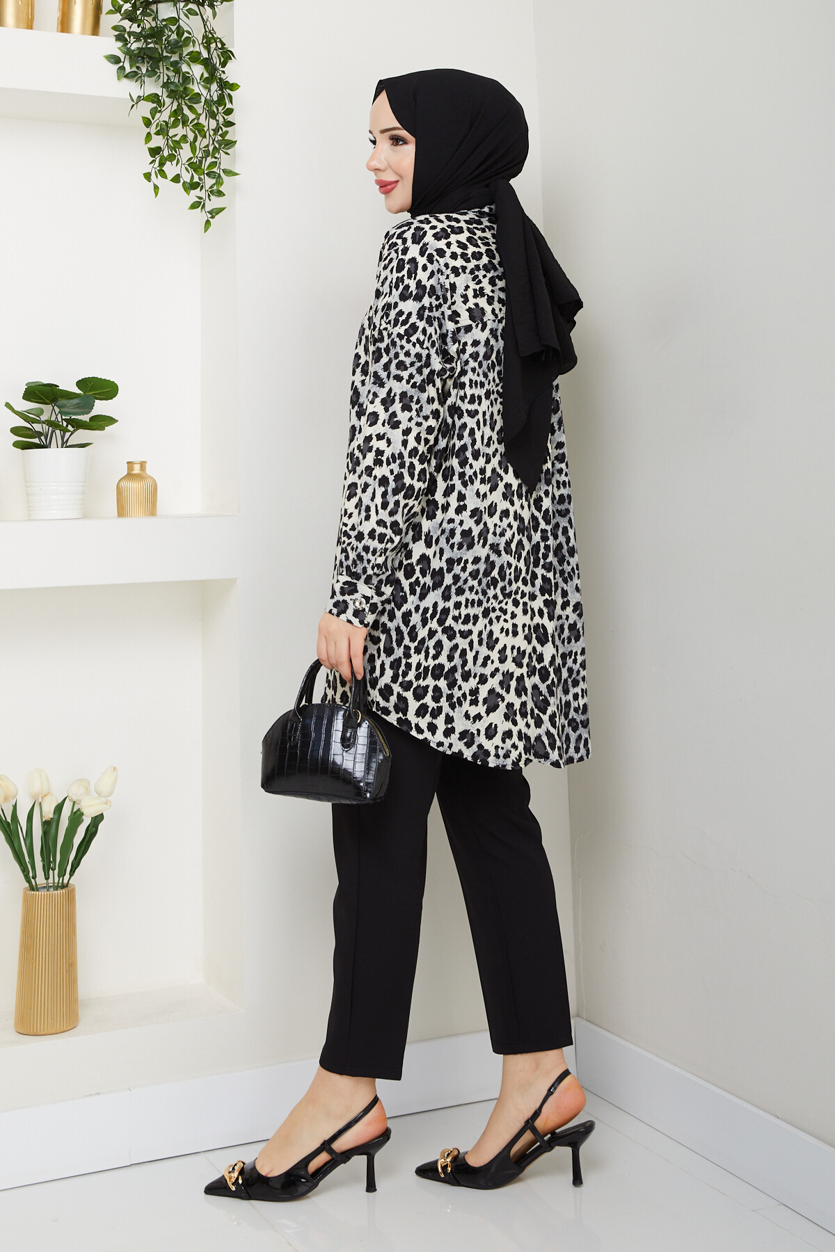 LEOPAR DESEN GÖMLEK-SİYAH