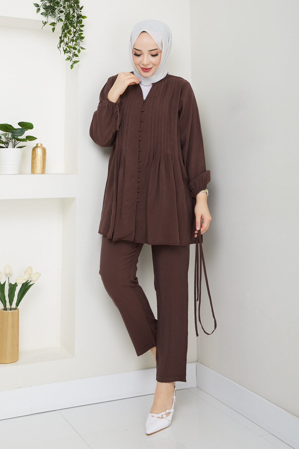 NERVÜR DİKİŞLİ DETAYLI TAKIM-KAHVE