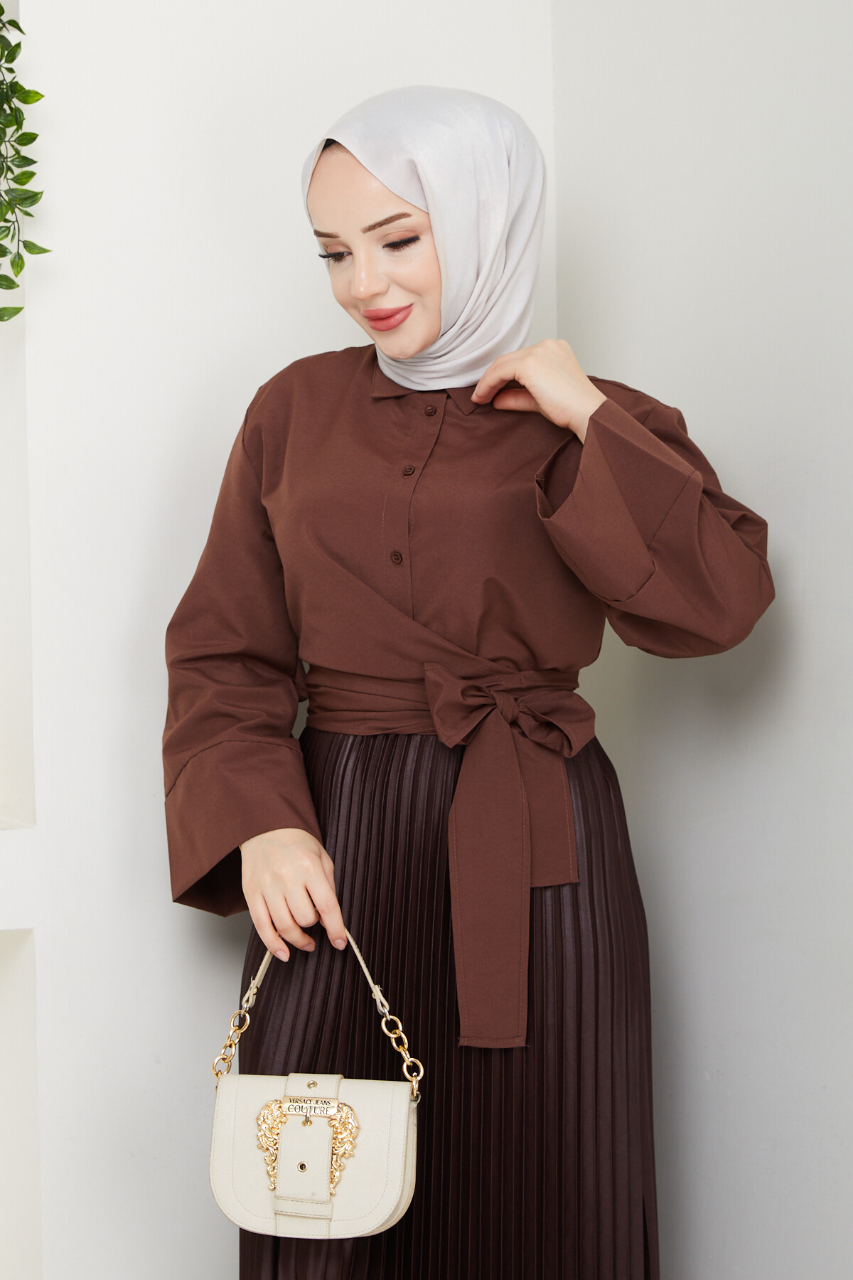 NRSY ÇAPRAZ BAĞLAMALI CROP GÖMLEK - ACI KAHVE