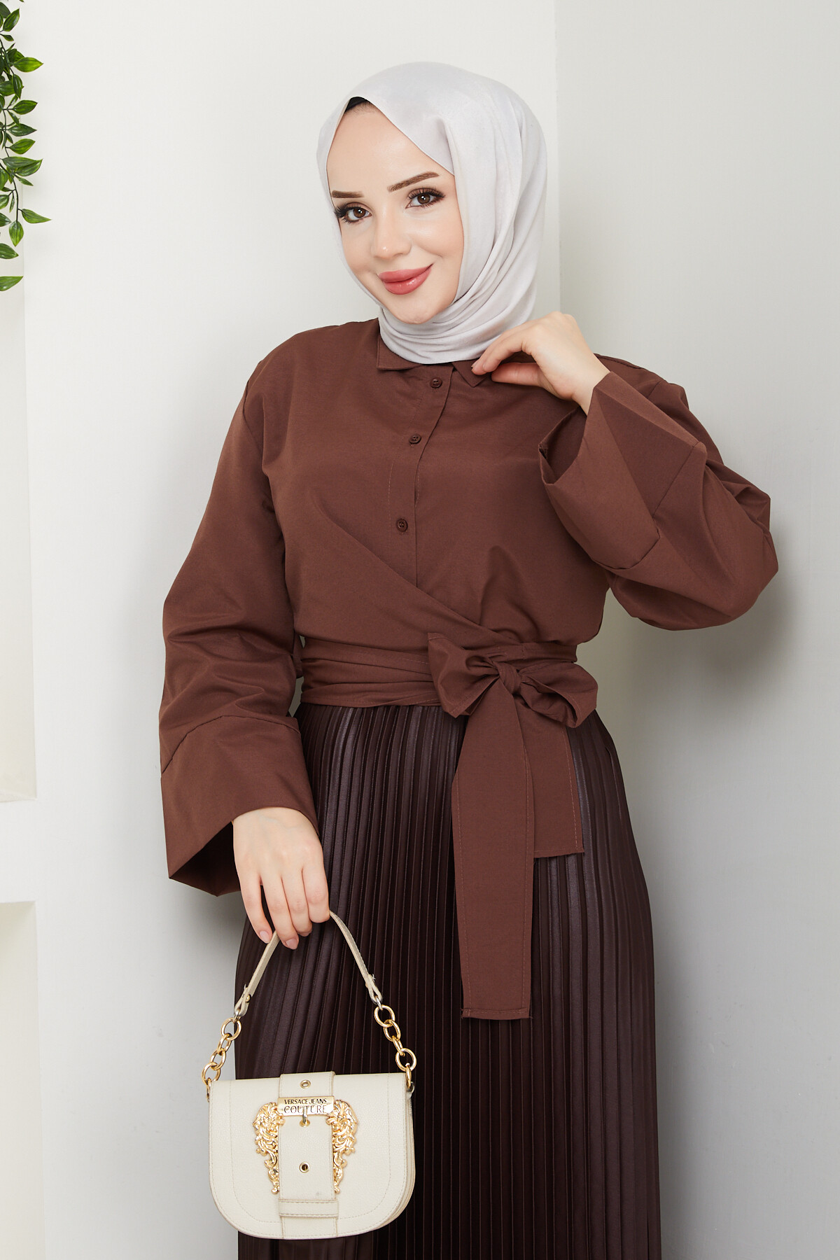 NRSY ÇAPRAZ BAĞLAMALI CROP GÖMLEK - ACI KAHVE