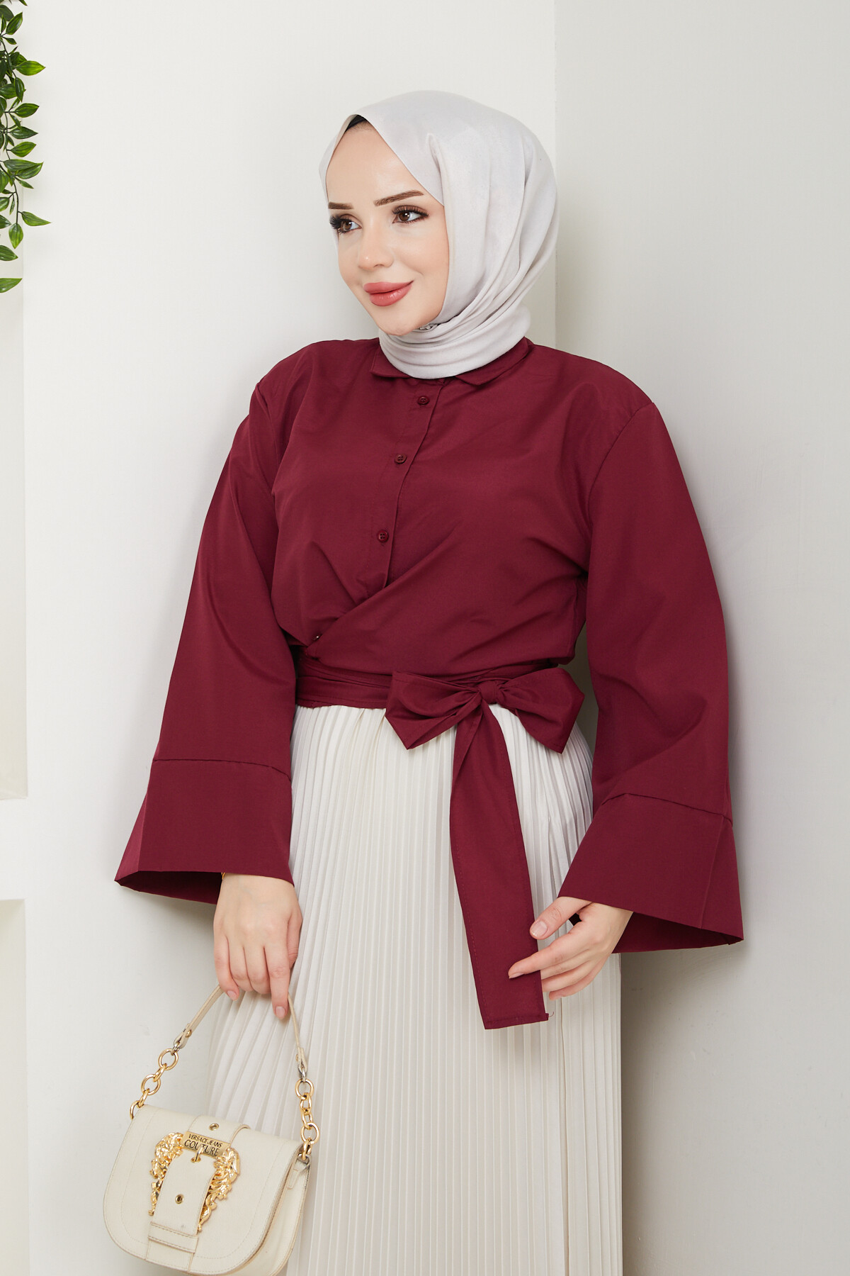 NRSY ÇAPRAZ BAĞLAMALI CROP GÖMLEK - BORDO