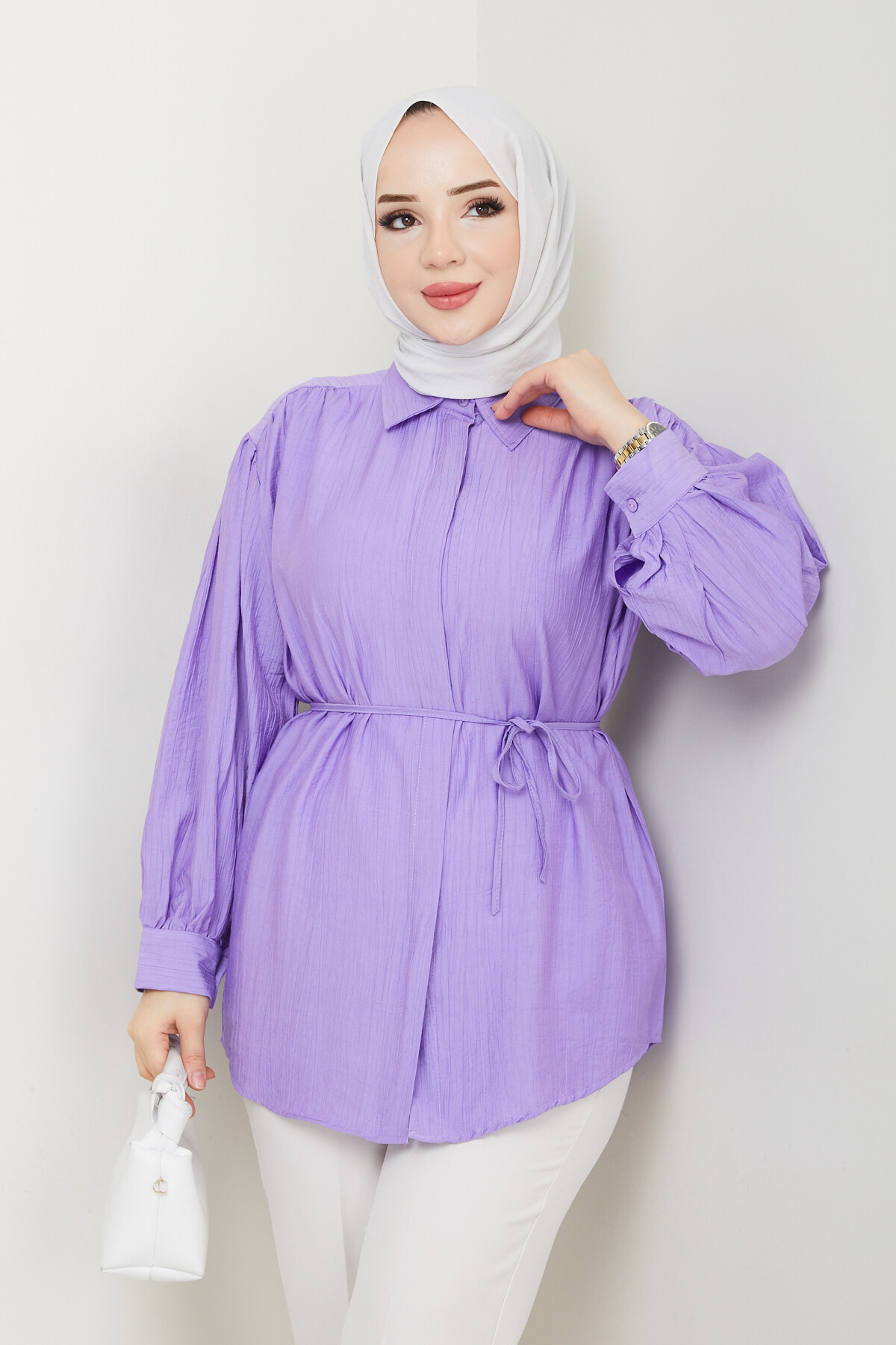 OMUZ BÜZGÜLÜ BALON KOL GÖMLEK-LİLA