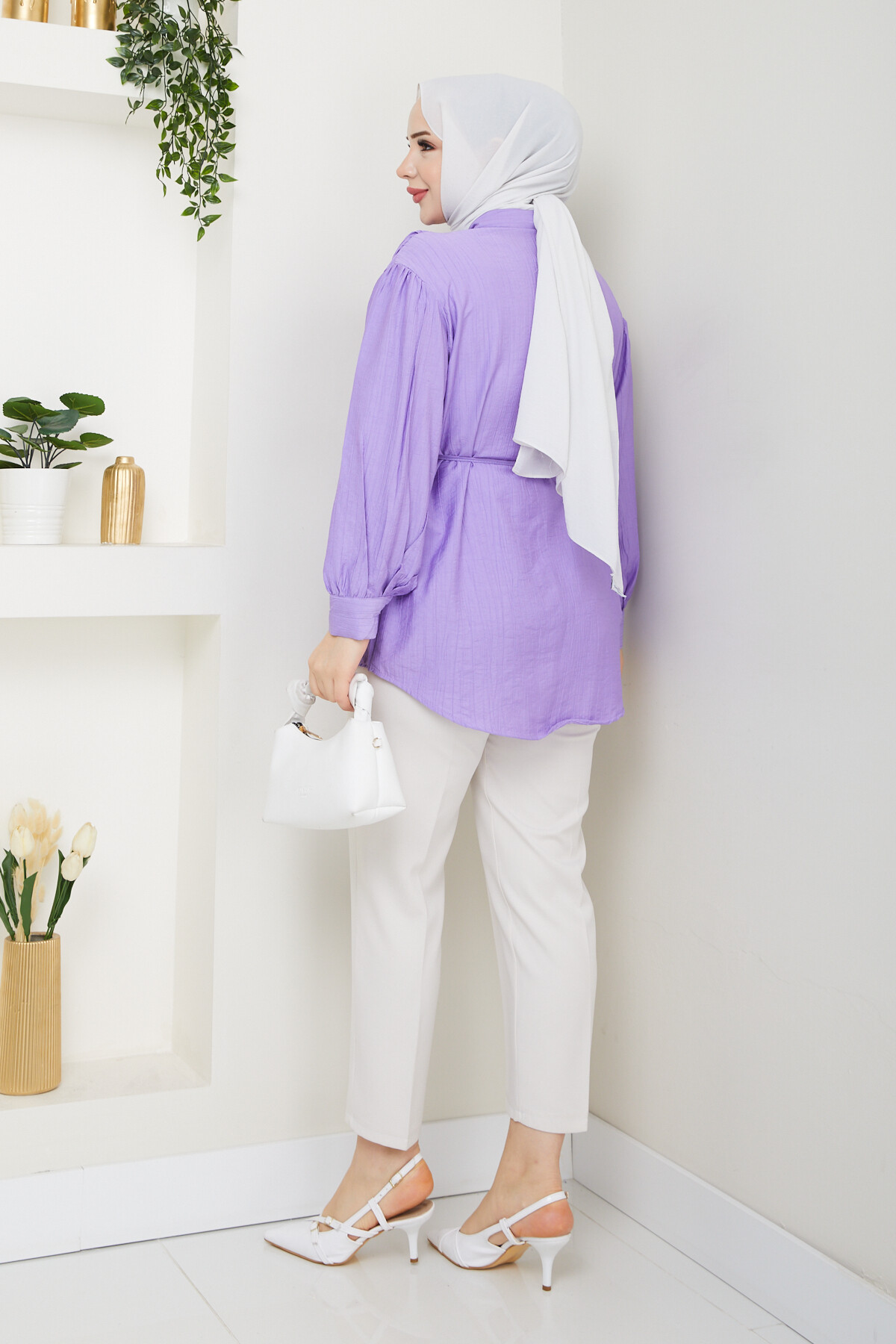 OMUZ BÜZGÜLÜ BALON KOL GÖMLEK-LİLA