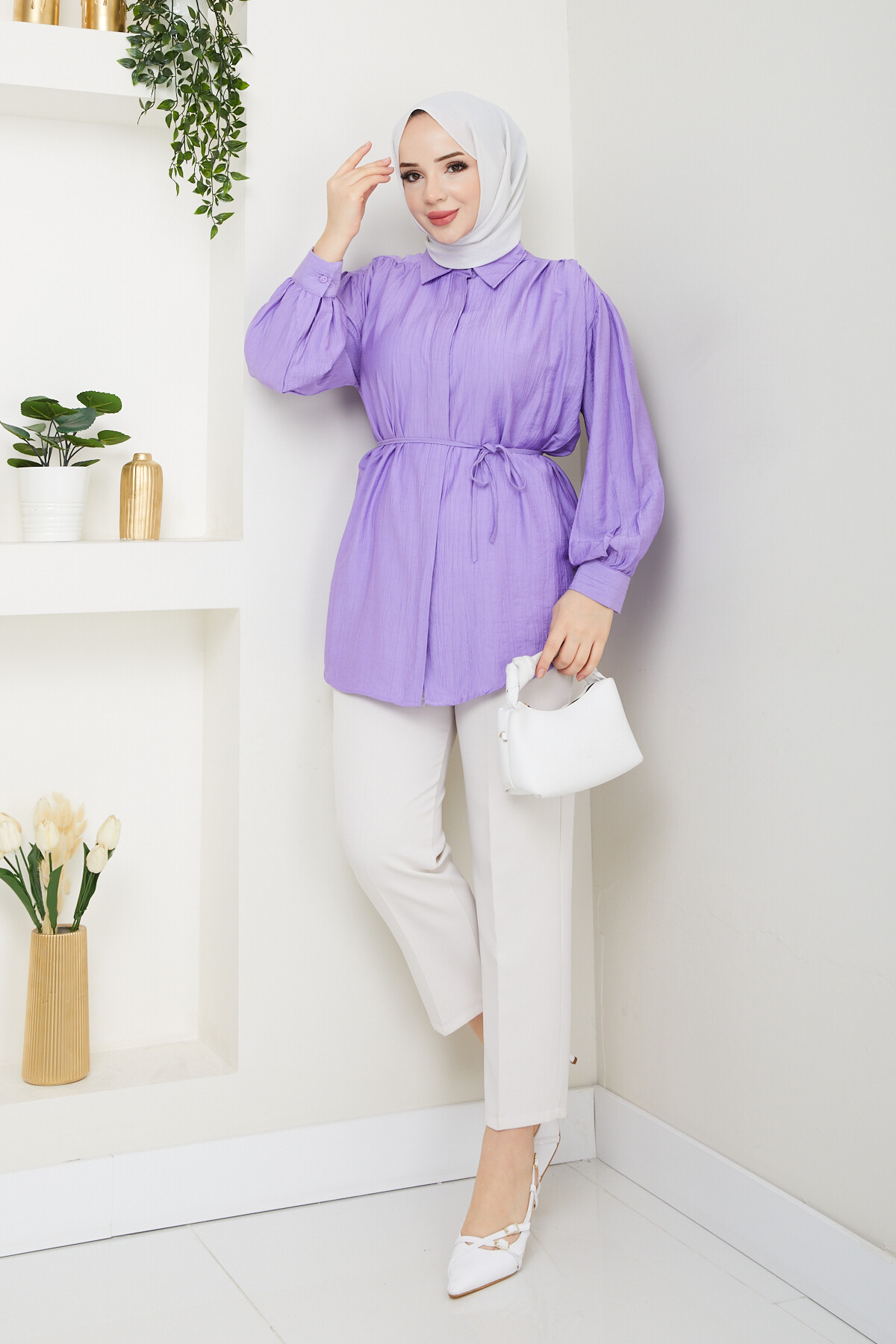 OMUZ BÜZGÜLÜ BALON KOL GÖMLEK-LİLA