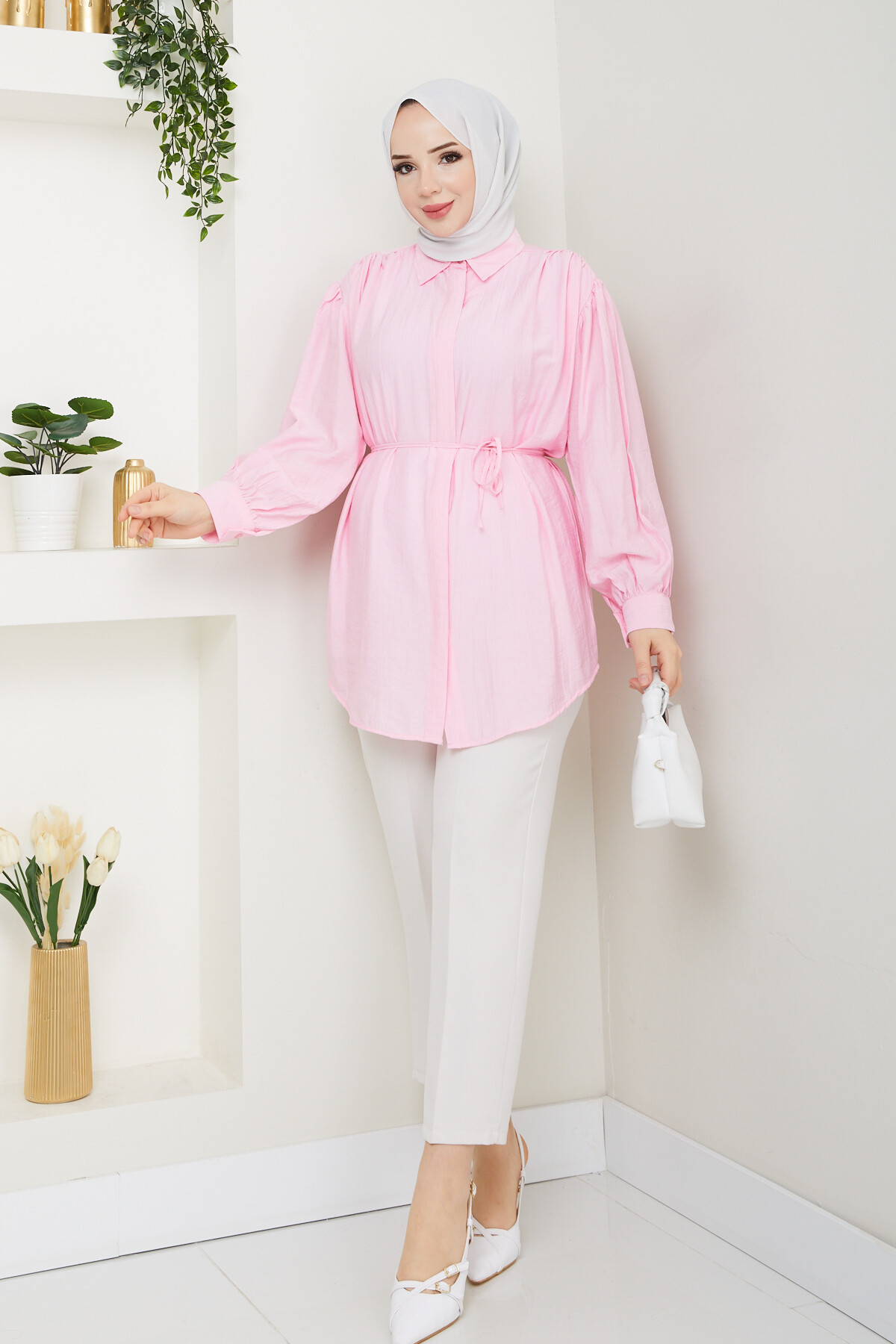 OMUZ BÜZGÜLÜ BALON KOL GÖMLEK-TOZ PEMBE