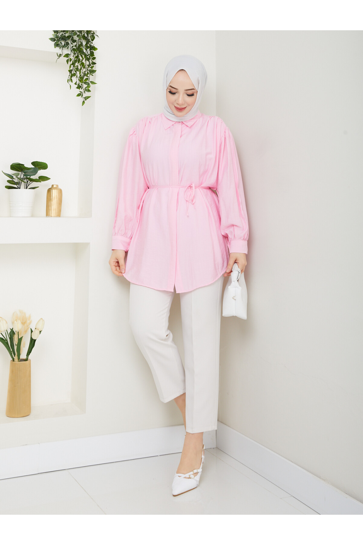 OMUZ BÜZGÜLÜ BALON KOL GÖMLEK-TOZ PEMBE