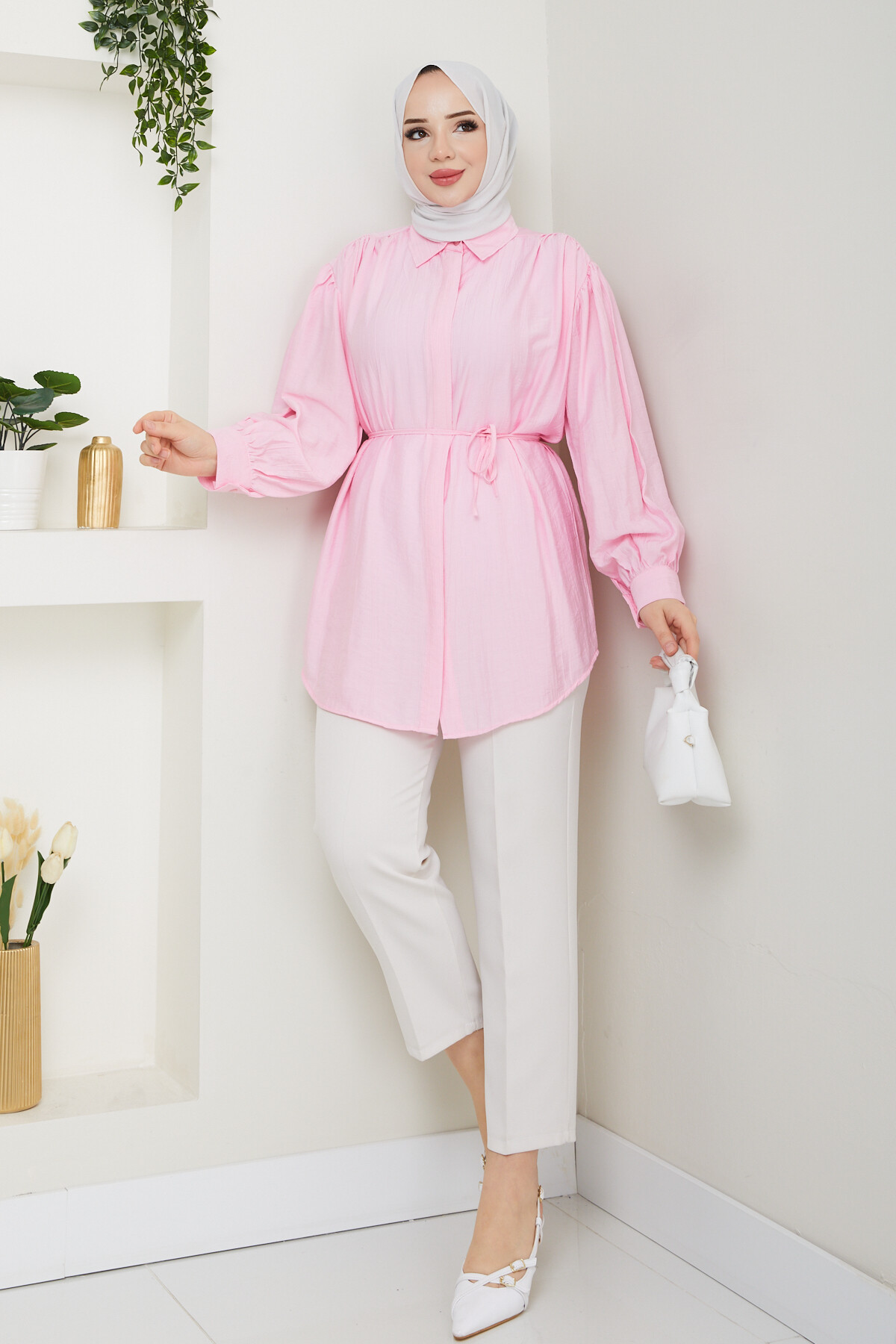 OMUZ BÜZGÜLÜ BALON KOL GÖMLEK-TOZ PEMBE