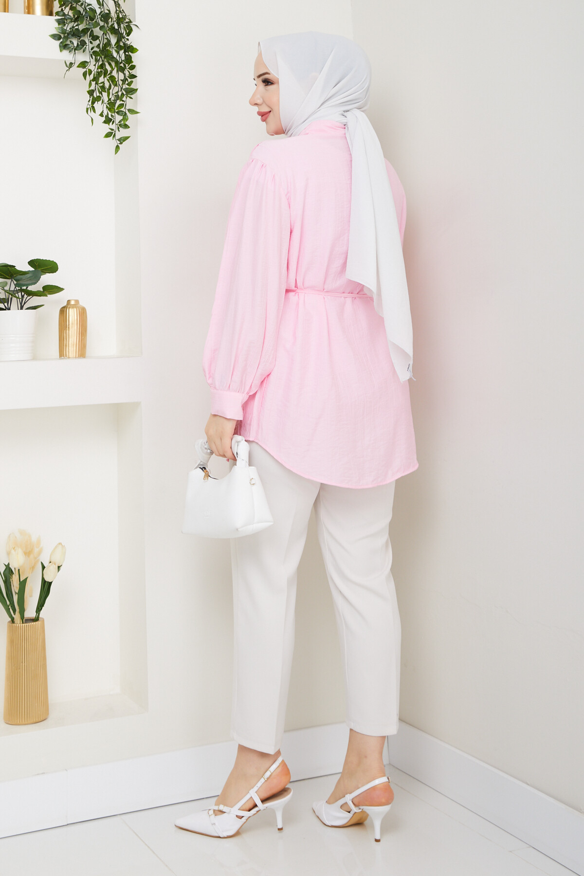 OMUZ BÜZGÜLÜ BALON KOL GÖMLEK-TOZ PEMBE