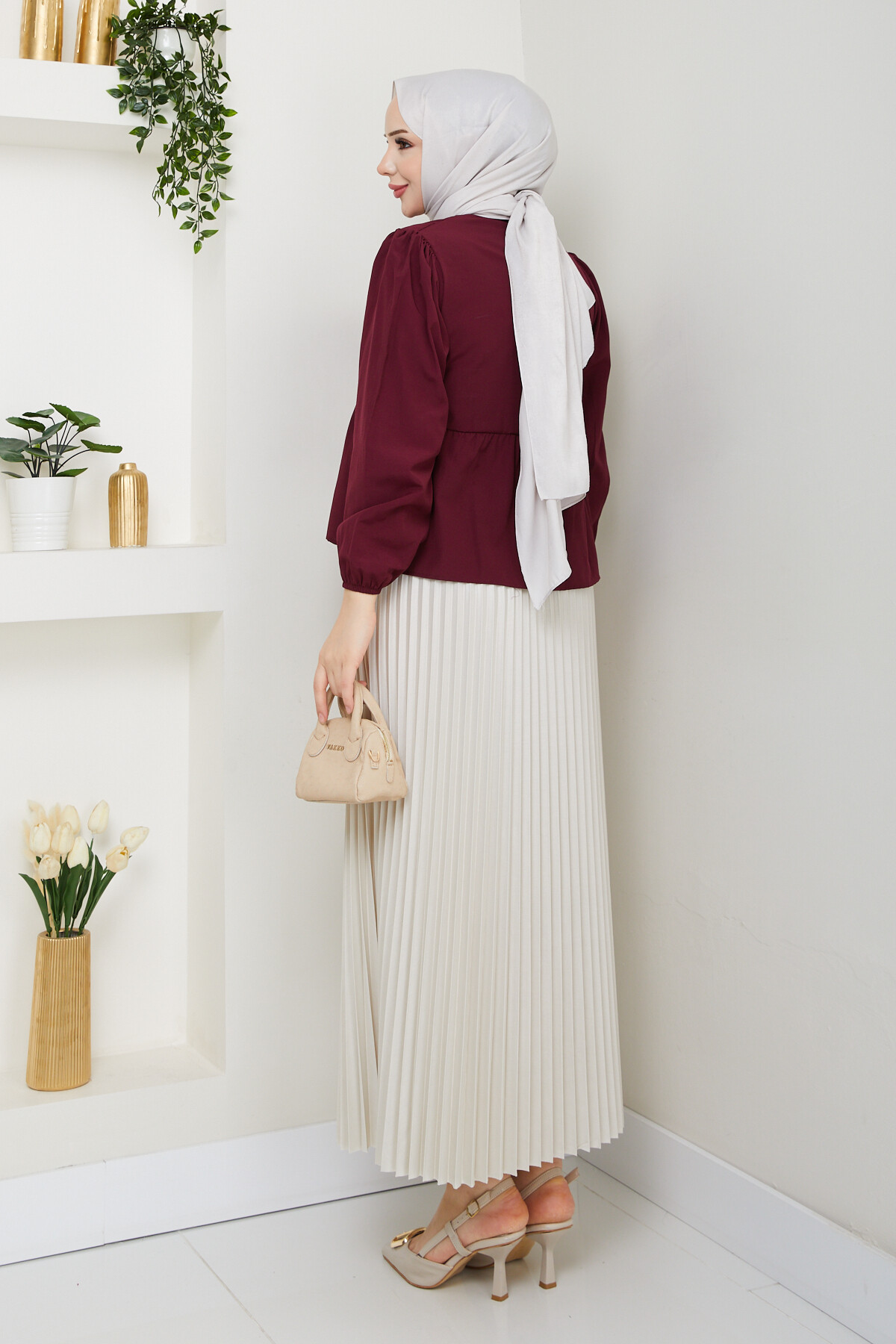 ÖN BAĞCIKLI BLUZ ETEK KOMBİN-BORDO