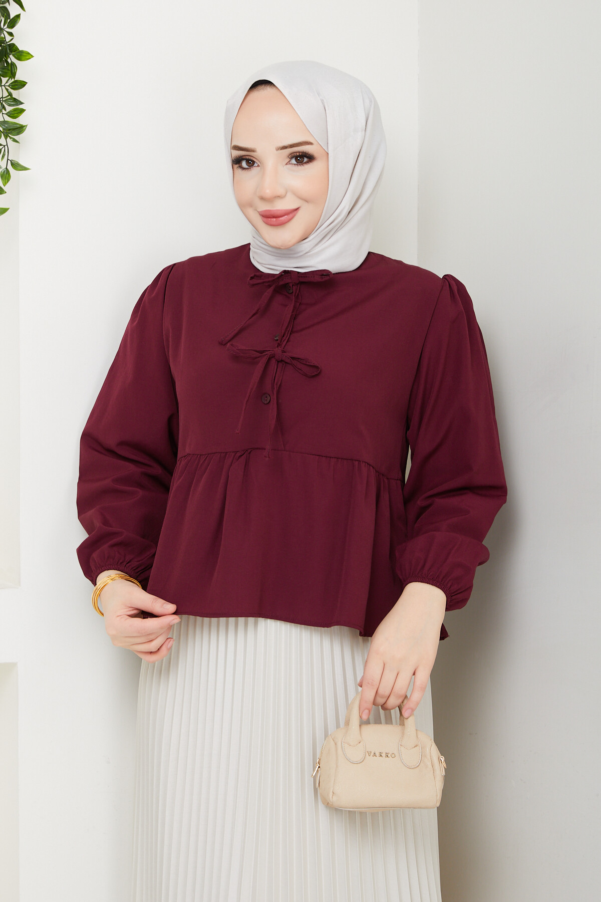 ÖN BAĞCIKLI BLUZ ETEK KOMBİN-BORDO