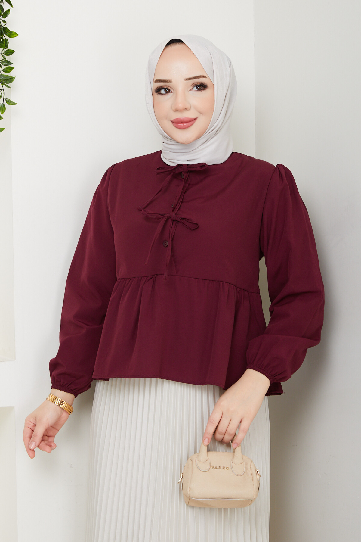 ÖN BAĞCIKLI BLUZ ETEK KOMBİN-BORDO