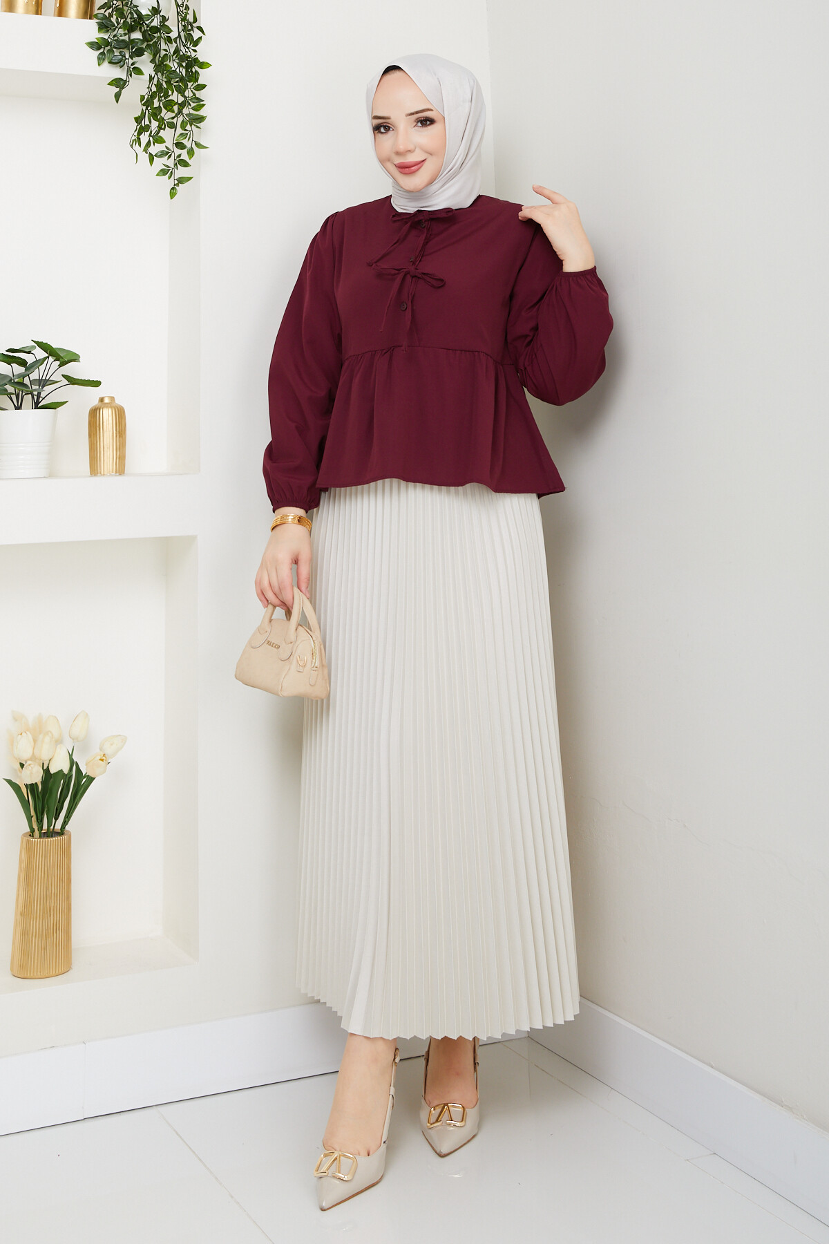 ÖN BAĞCIKLI BLUZ ETEK KOMBİN-BORDO