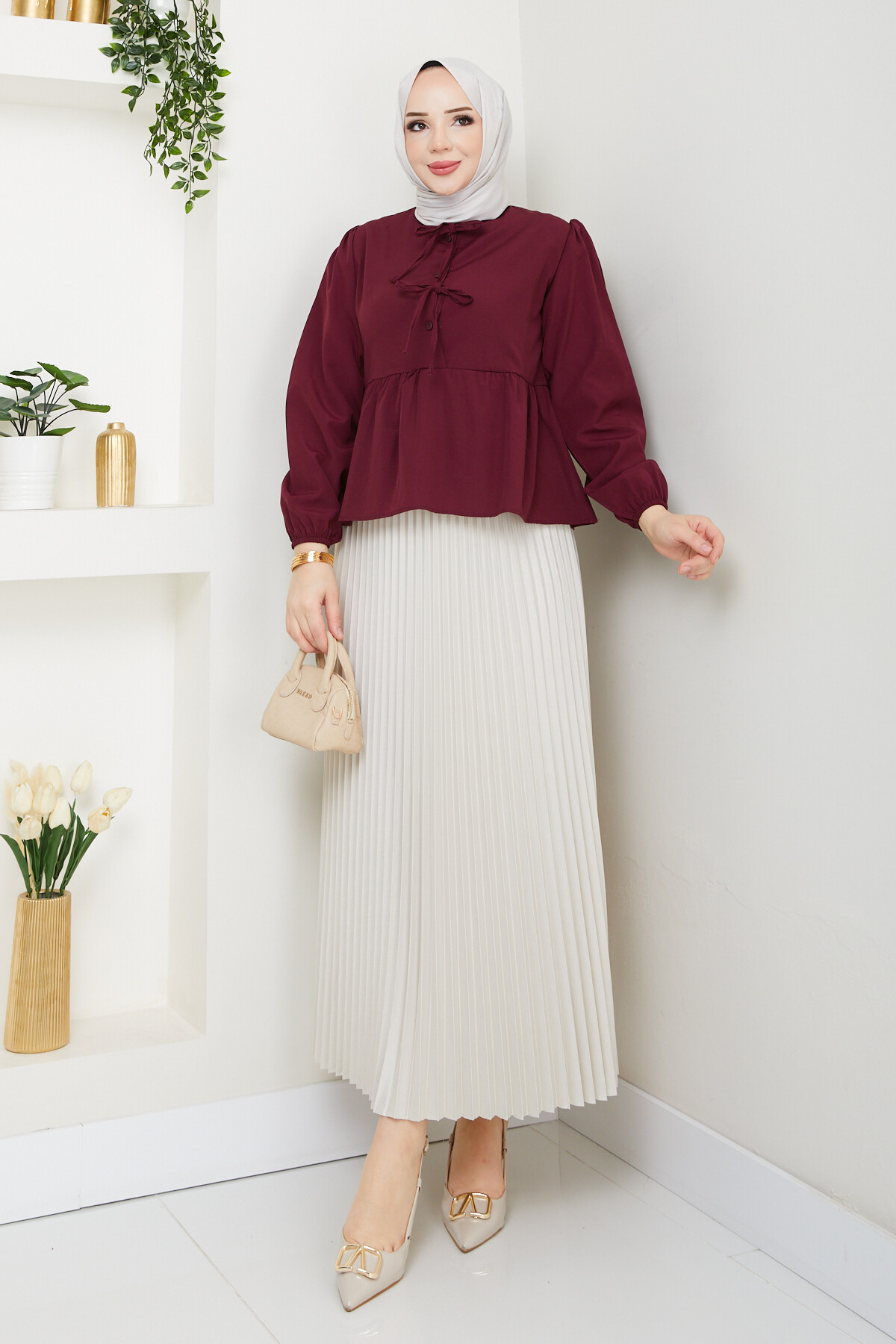 ÖN BAĞCIKLI BLUZ ETEK KOMBİN-BORDO