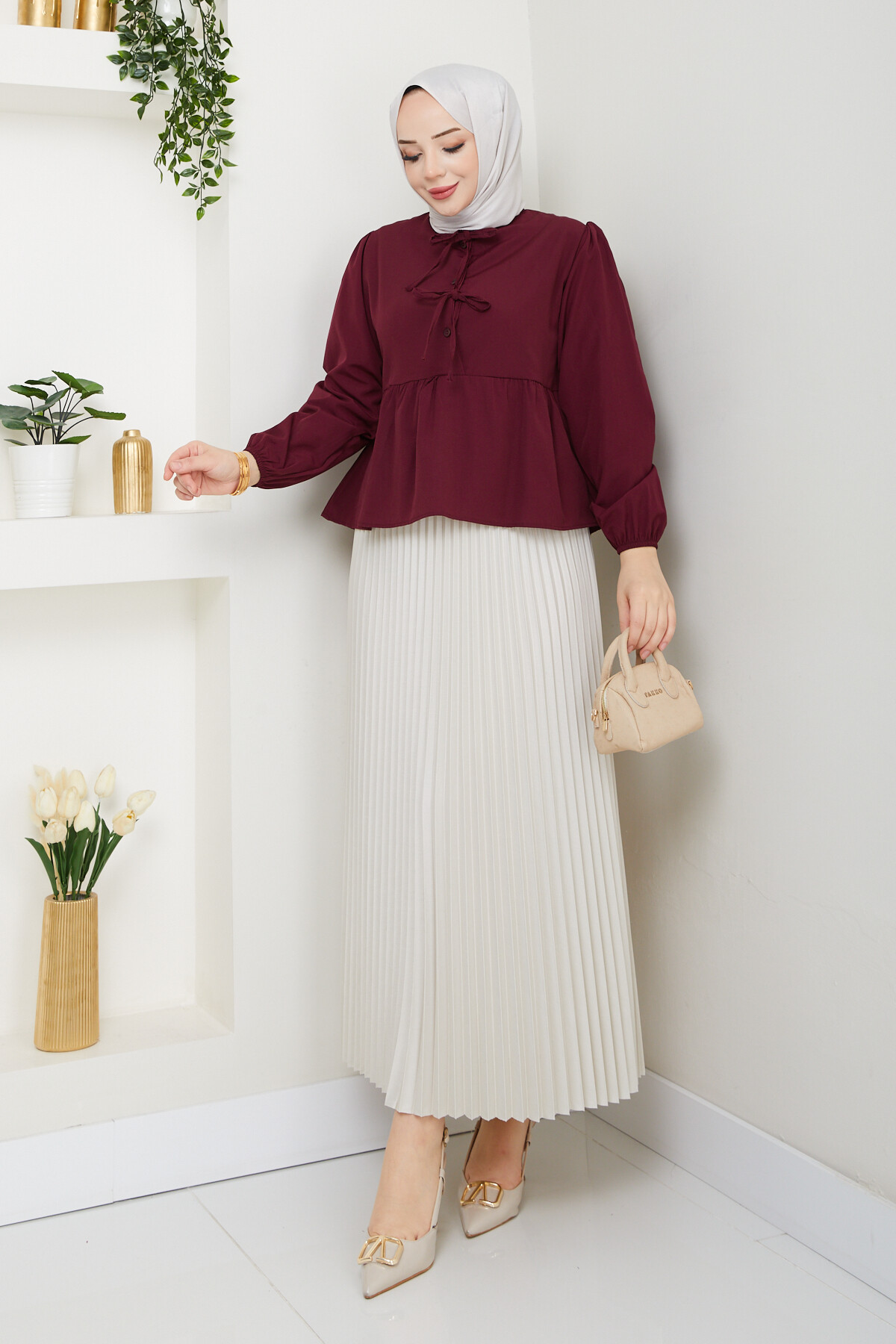 ÖN BAĞCIKLI BLUZ ETEK KOMBİN-BORDO