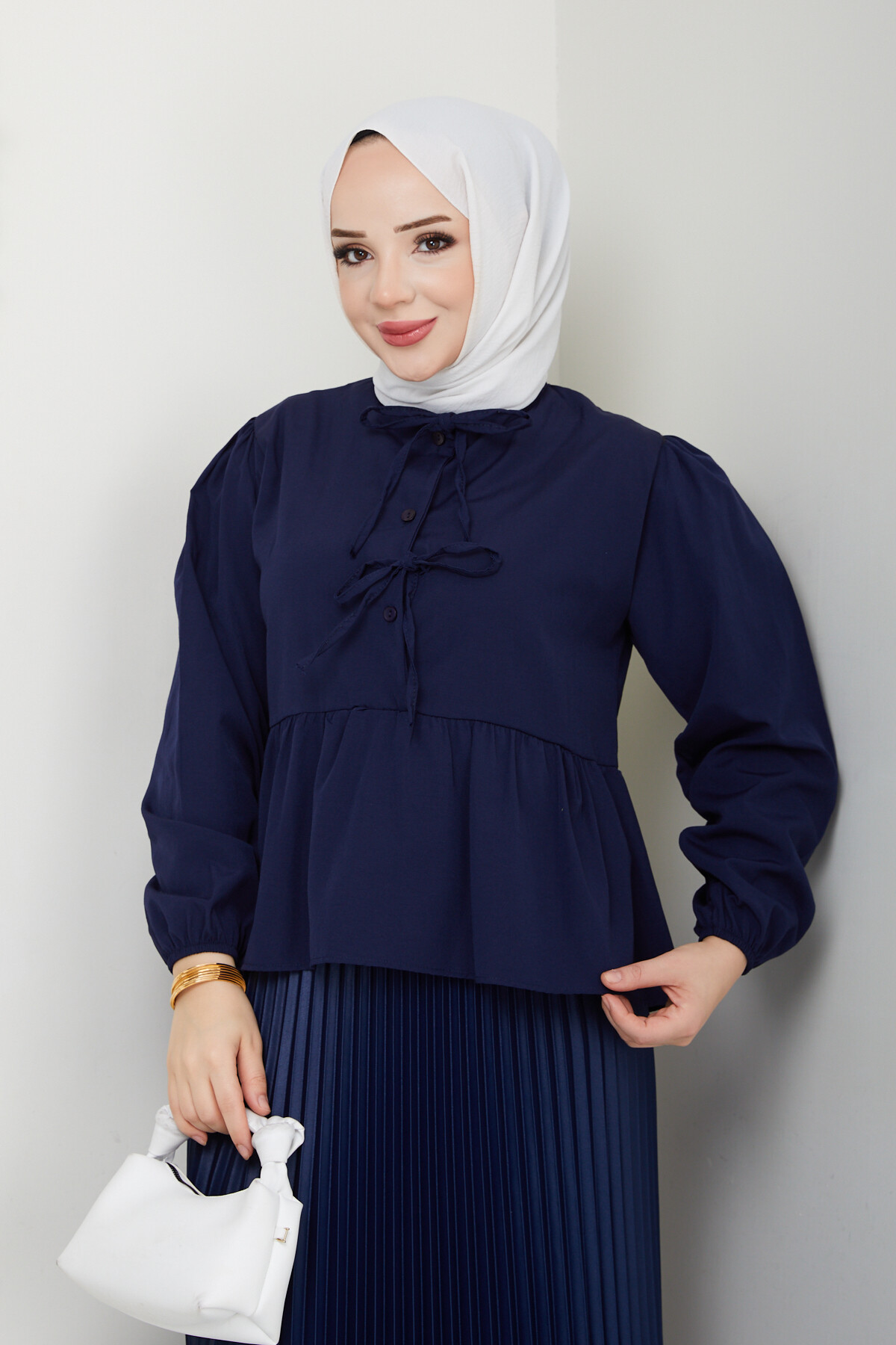 ÖN BAĞCIKLI BLUZ ETEK KOMBİN-LACİVERT