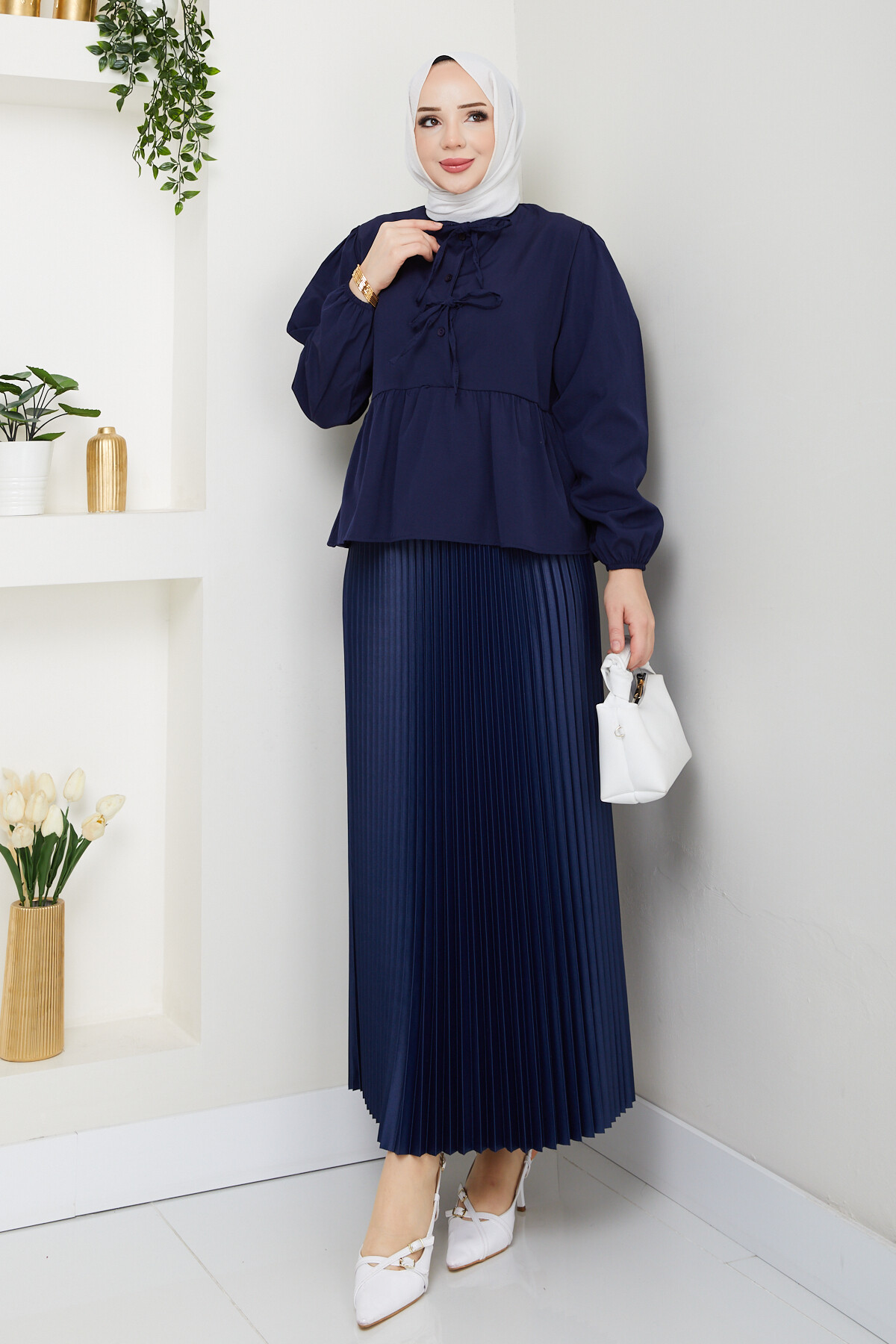 ÖN BAĞCIKLI BLUZ ETEK KOMBİN-LACİVERT