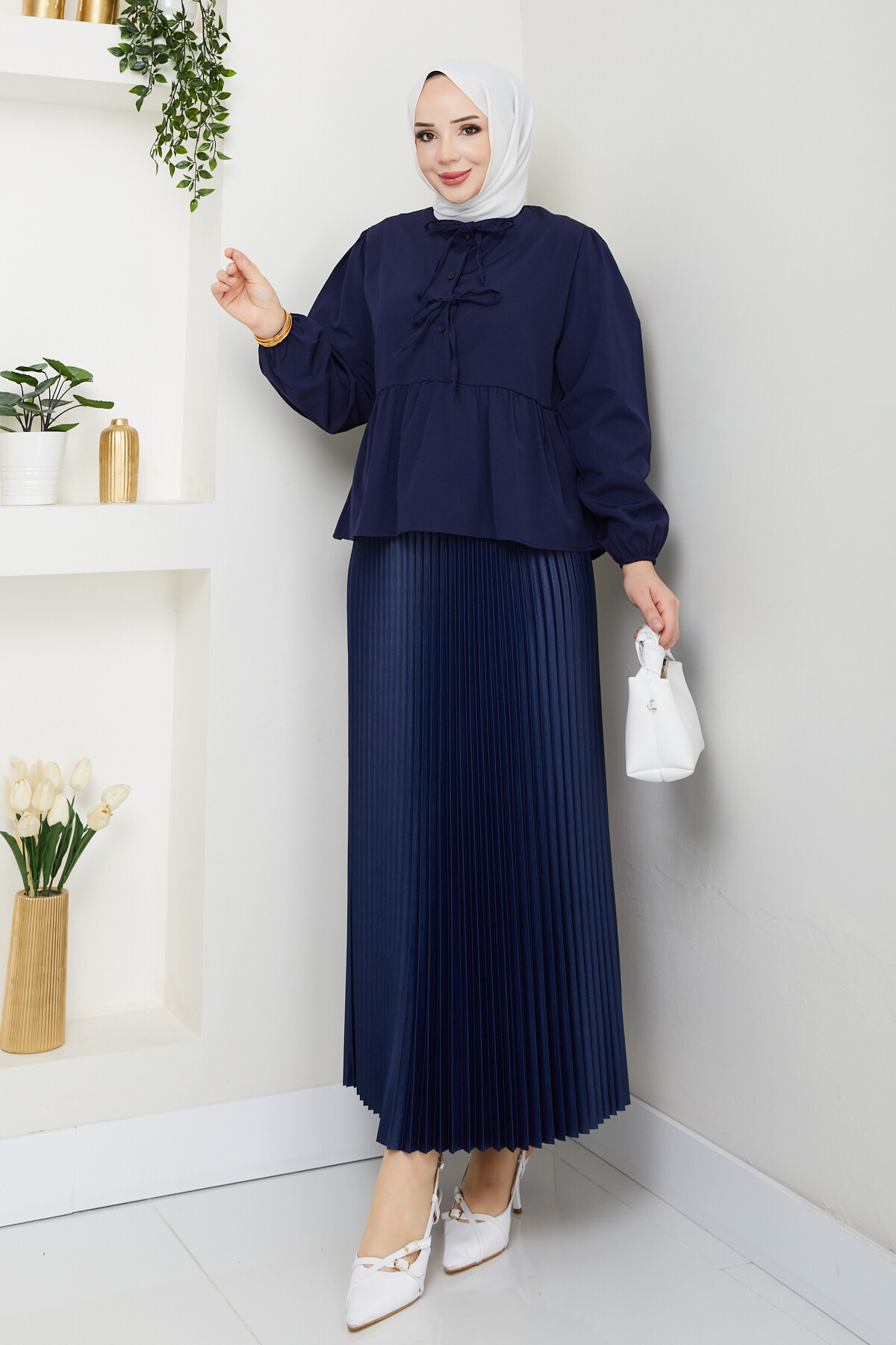 ÖN BAĞCIKLI BLUZ ETEK KOMBİN-LACİVERT