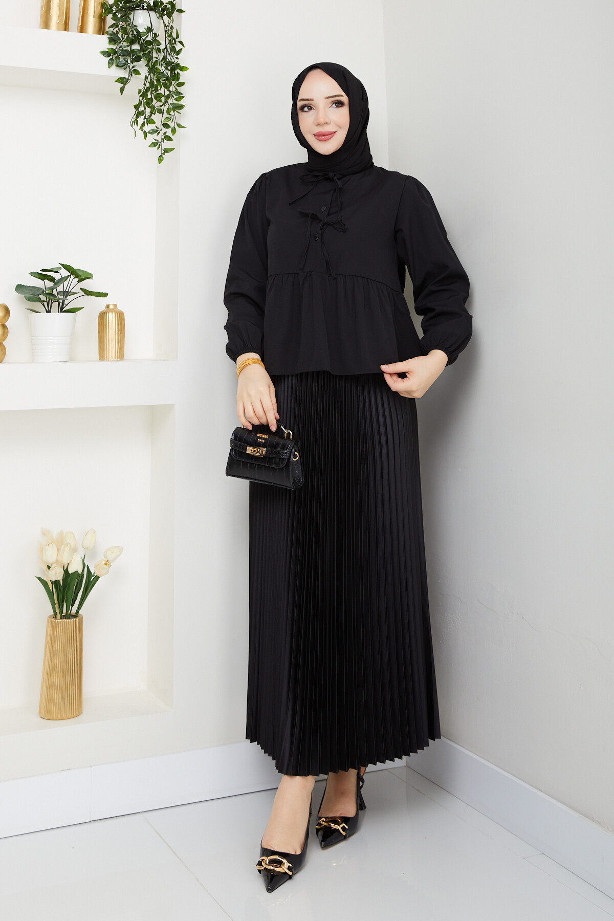 ÖN BAĞCIKLI BLUZ ETEK KOMBİN-SİYAH