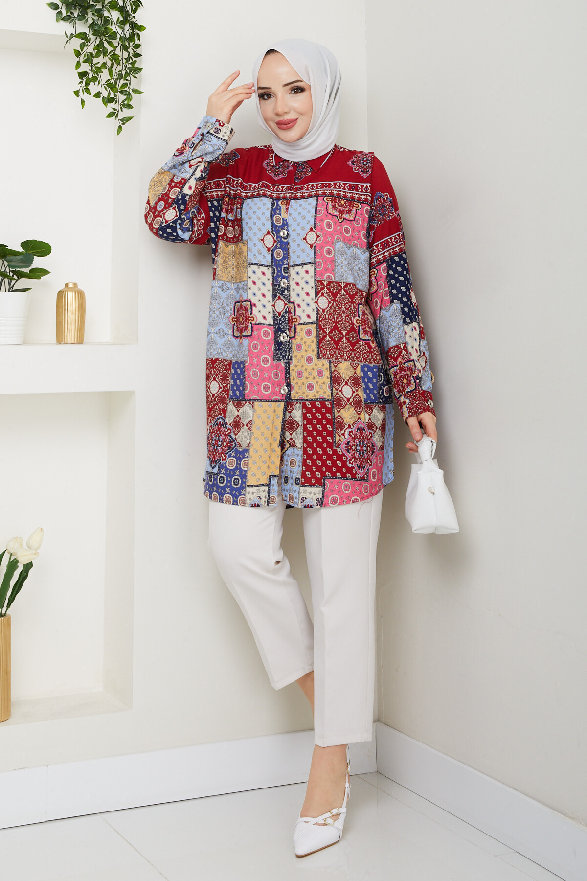 OVERSİZE KARIŞIK DESEN GÖMLEK-BORDO