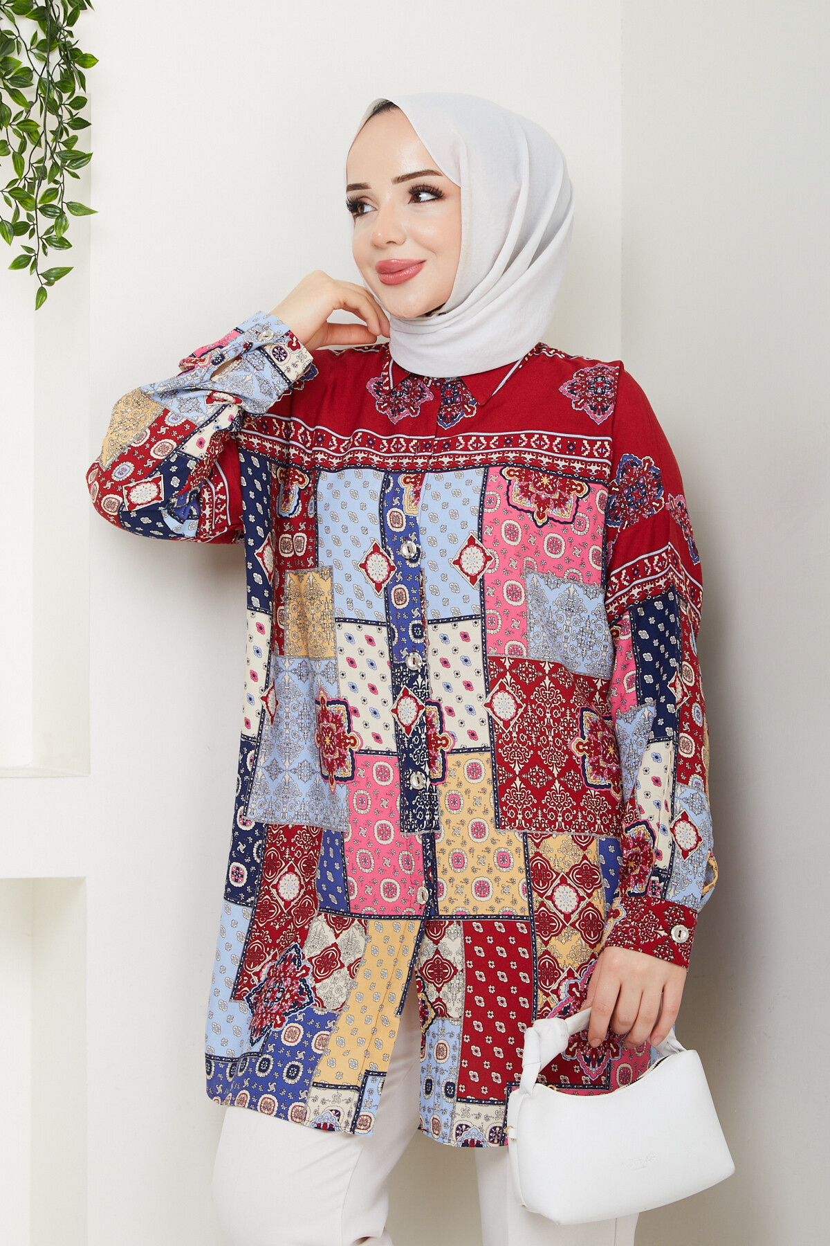 OVERSİZE KARIŞIK DESEN GÖMLEK-BORDO