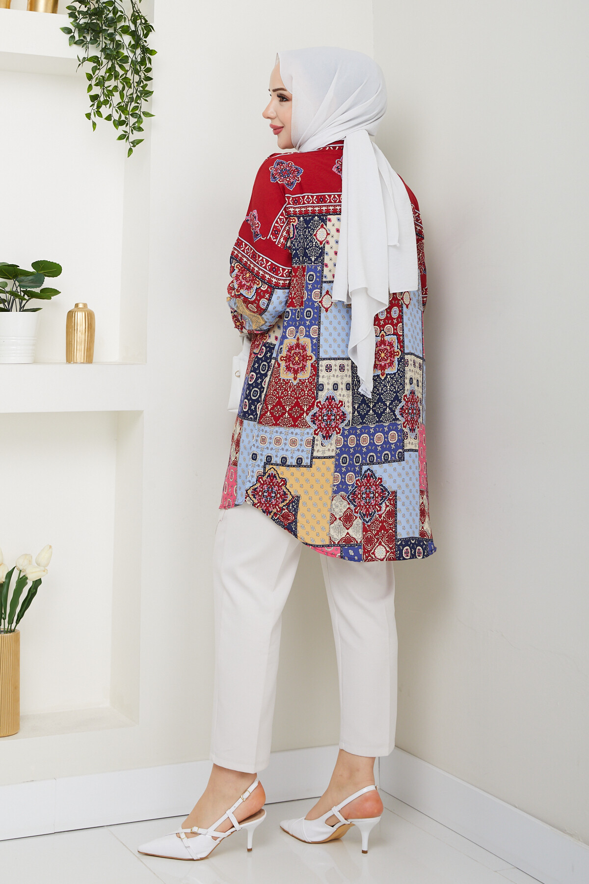 OVERSİZE KARIŞIK DESEN GÖMLEK-BORDO