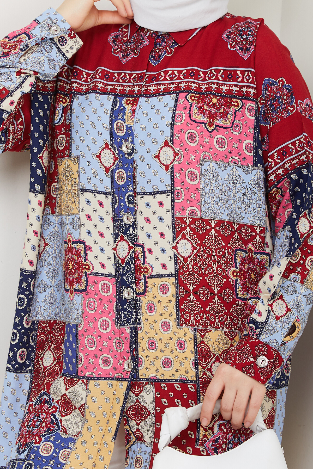 OVERSİZE KARIŞIK DESEN GÖMLEK-BORDO