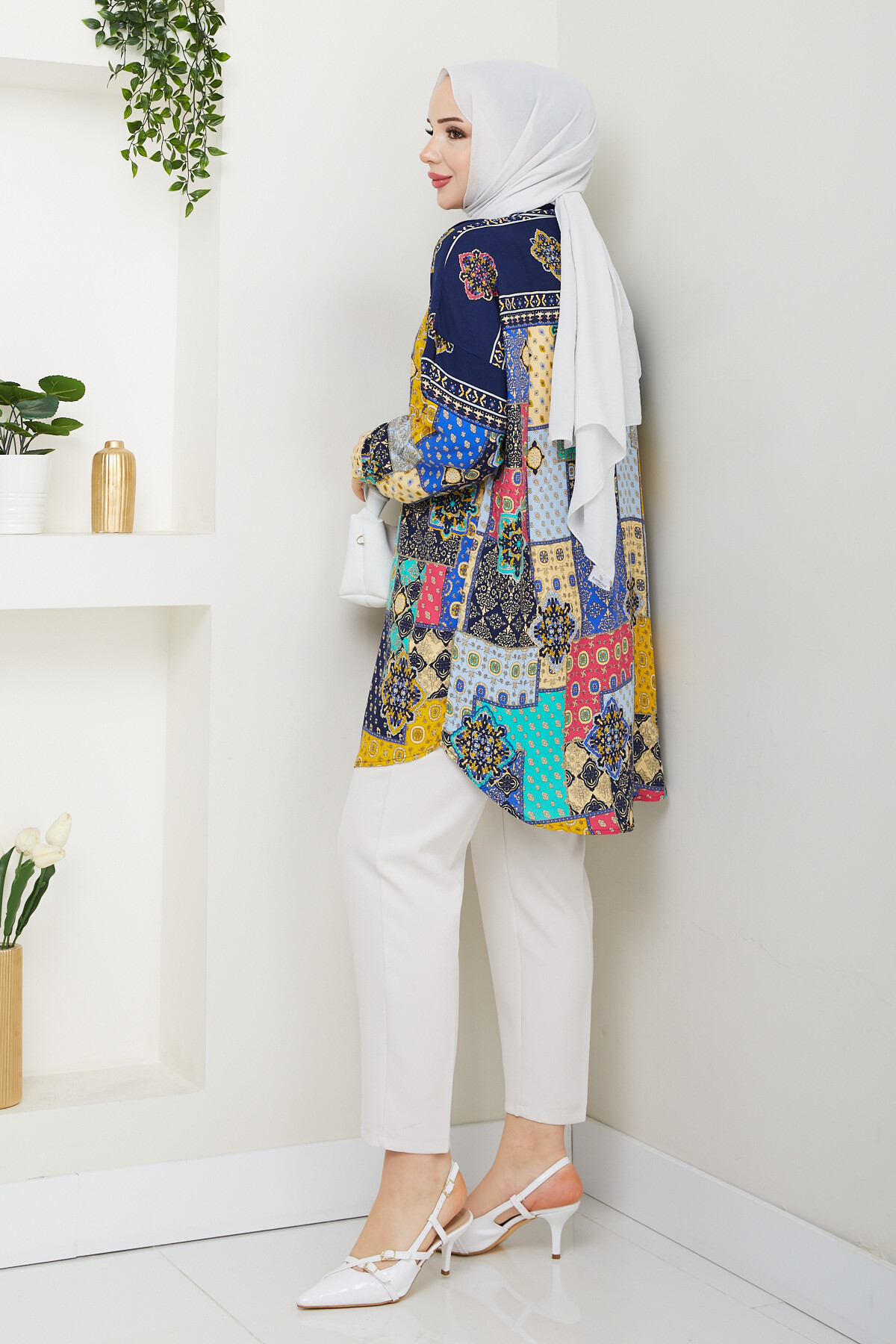 OVERSİZE KARIŞIK DESEN GÖMLEK-LACİVERT