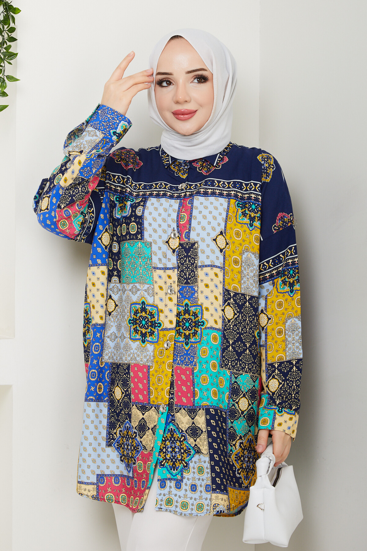 OVERSİZE KARIŞIK DESEN GÖMLEK-LACİVERT