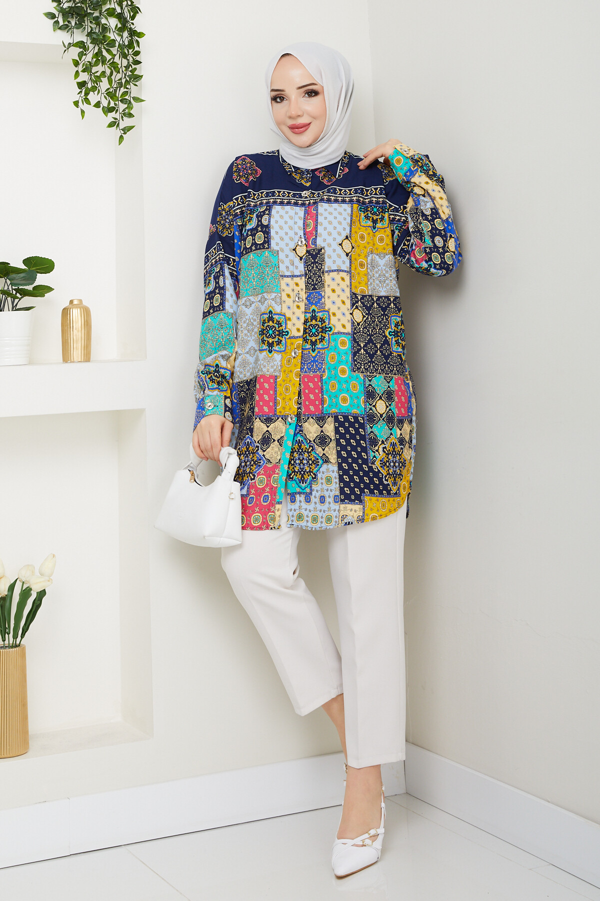 OVERSİZE KARIŞIK DESEN GÖMLEK-LACİVERT