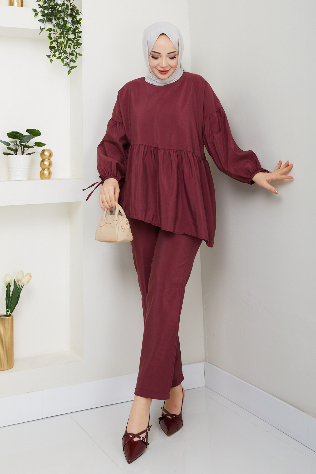 PALMİYE FIRFIRLI BLUZ PANT TAKIM - BORDO