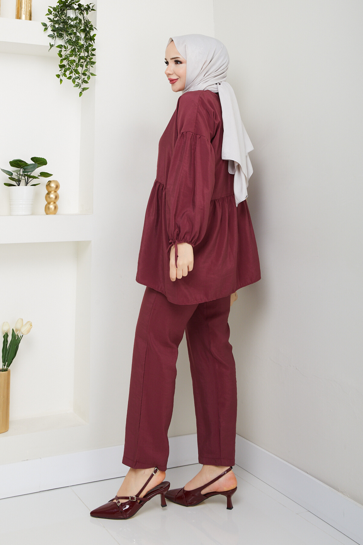 PALMİYE FIRFIRLI BLUZ PANT TAKIM - BORDO