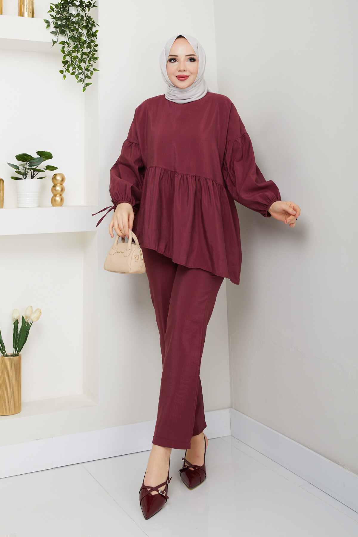 PALMİYE FIRFIRLI BLUZ PANT TAKIM - BORDO