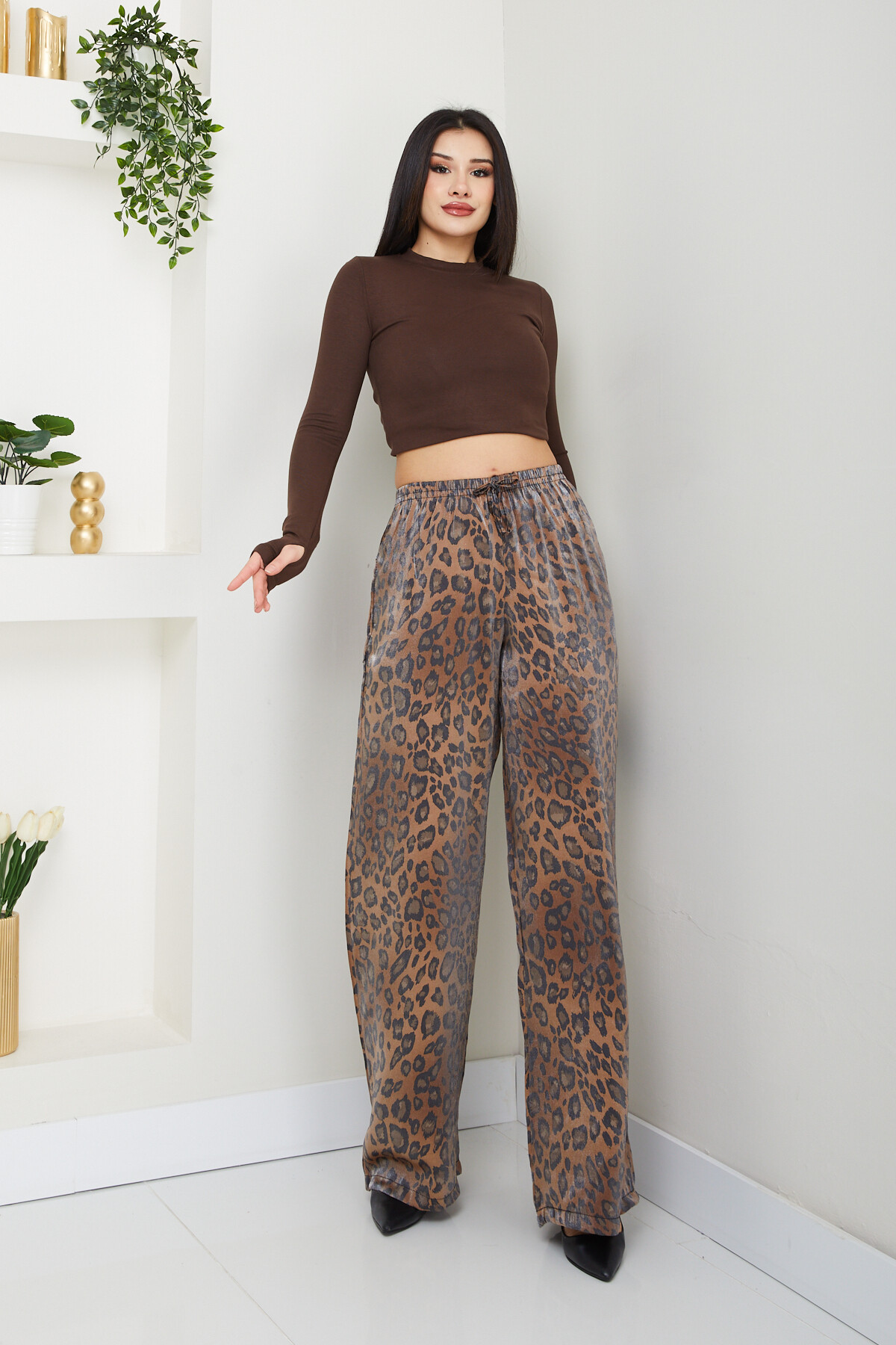 PARLAK ZEBRA PANTALON-KAHVE