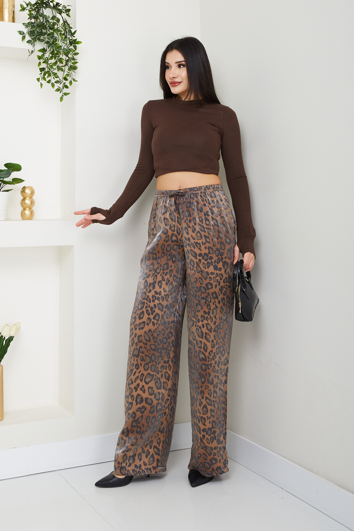 PARLAK ZEBRA PANTALON-KAHVE