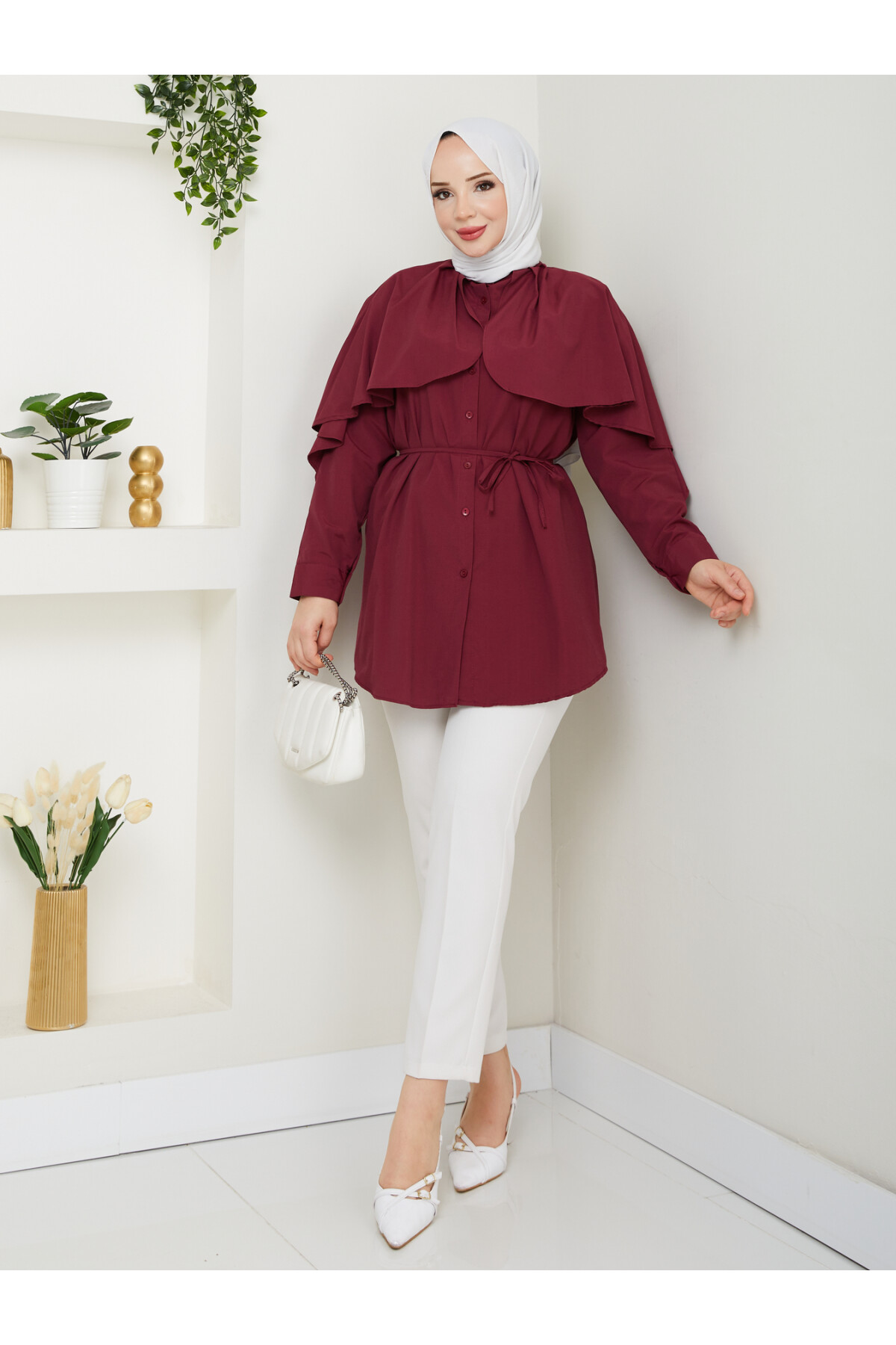 PELERİNLİ BAĞCIKLI GÖMLEK-BORDO