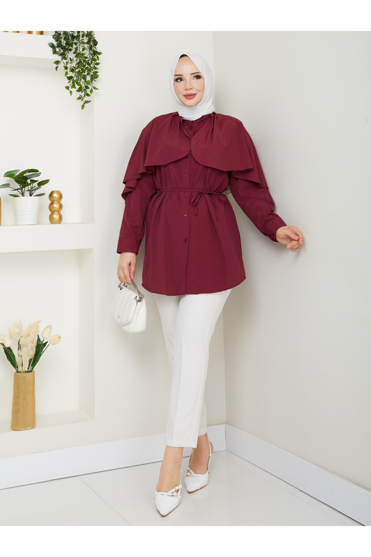 PELERİNLİ BAĞCIKLI GÖMLEK-BORDO