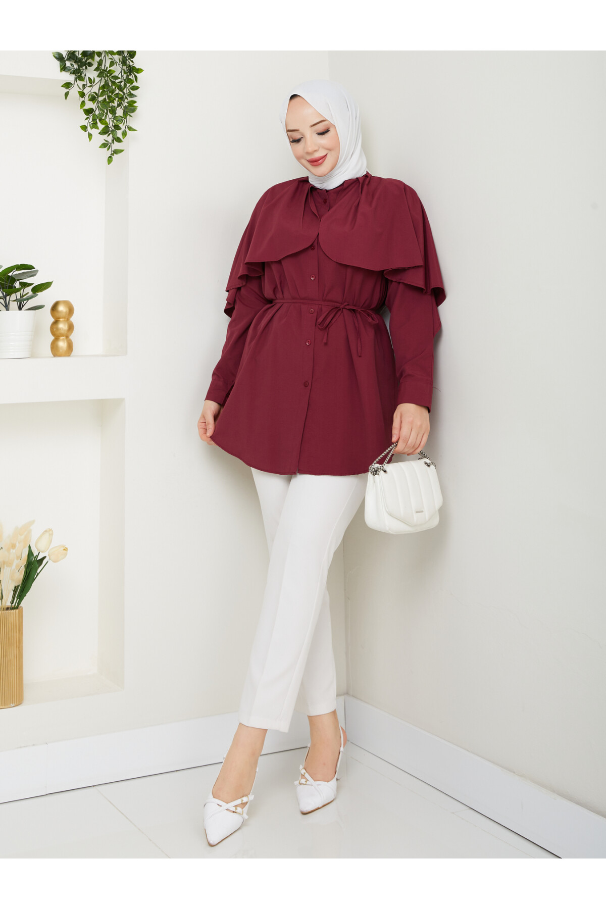 PELERİNLİ BAĞCIKLI GÖMLEK-BORDO
