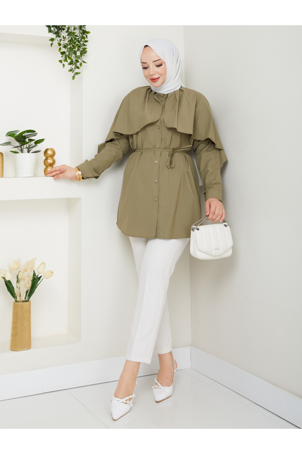 PELERİNLİ BAĞCIKLI GÖMLEK-HAKİ