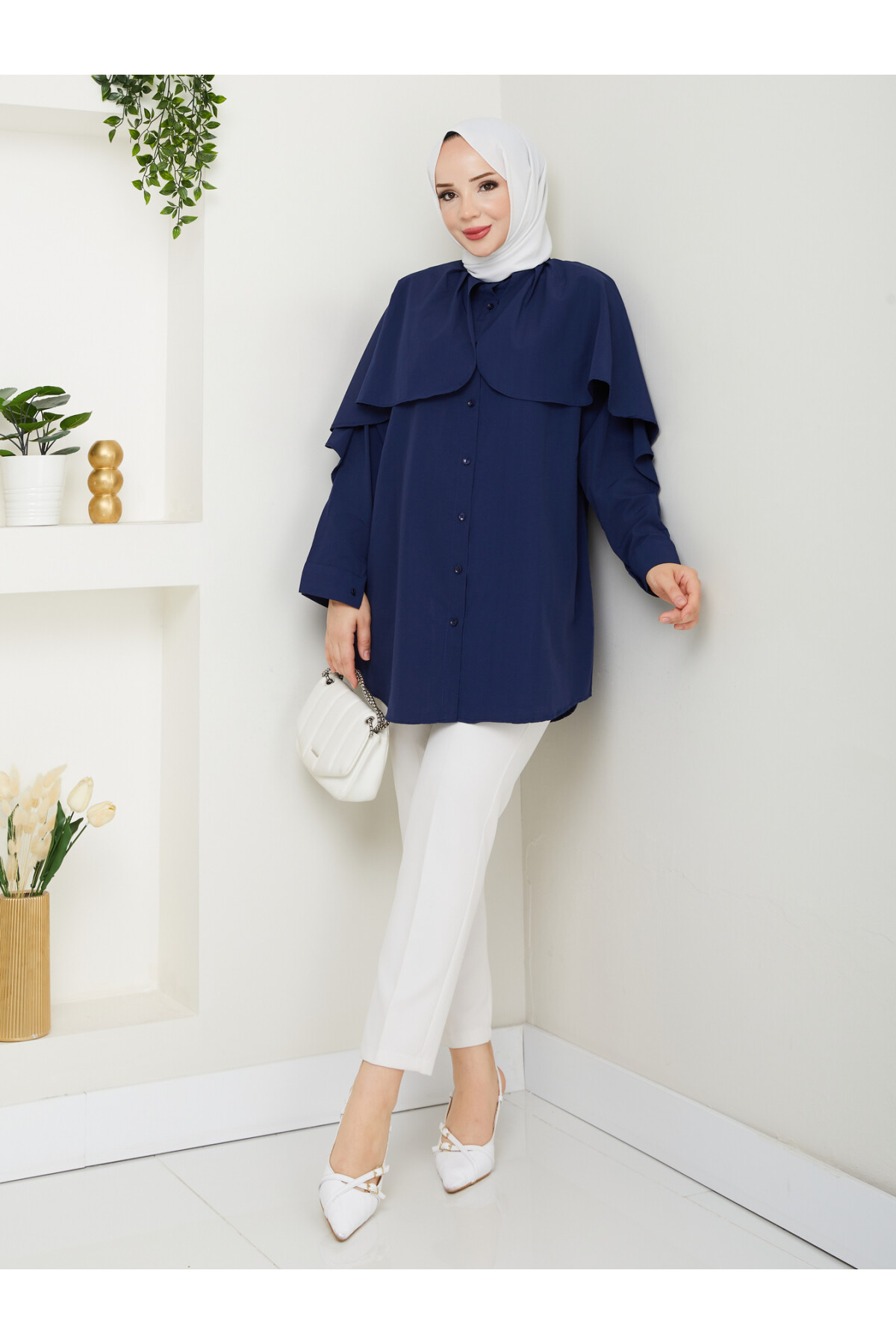 PELERİNLİ BAĞCIKLI GÖMLEK-LACİVERT